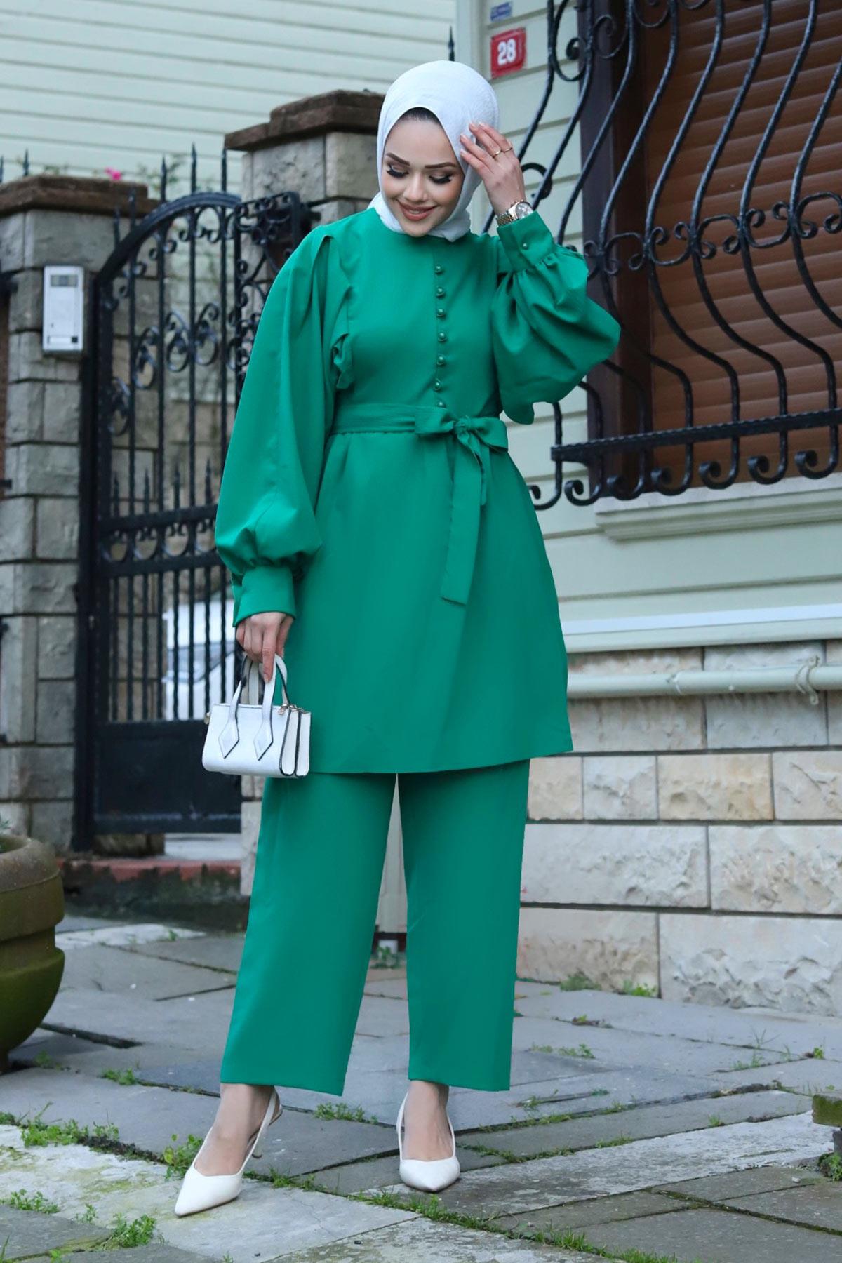 Düğme Detaylı Tesettür Yeşil Takım 