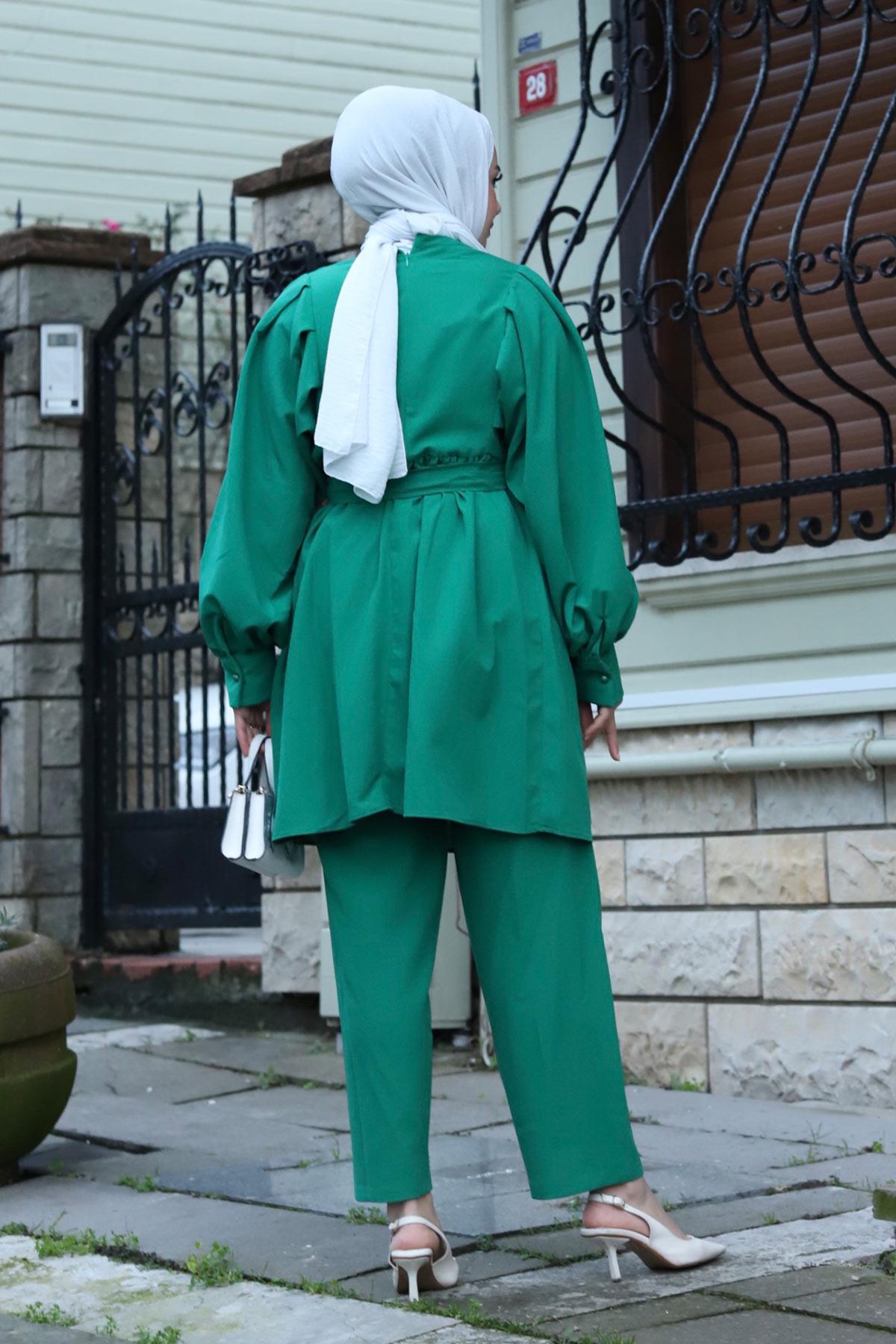 Düğme Detaylı Tesettür Yeşil Takım 