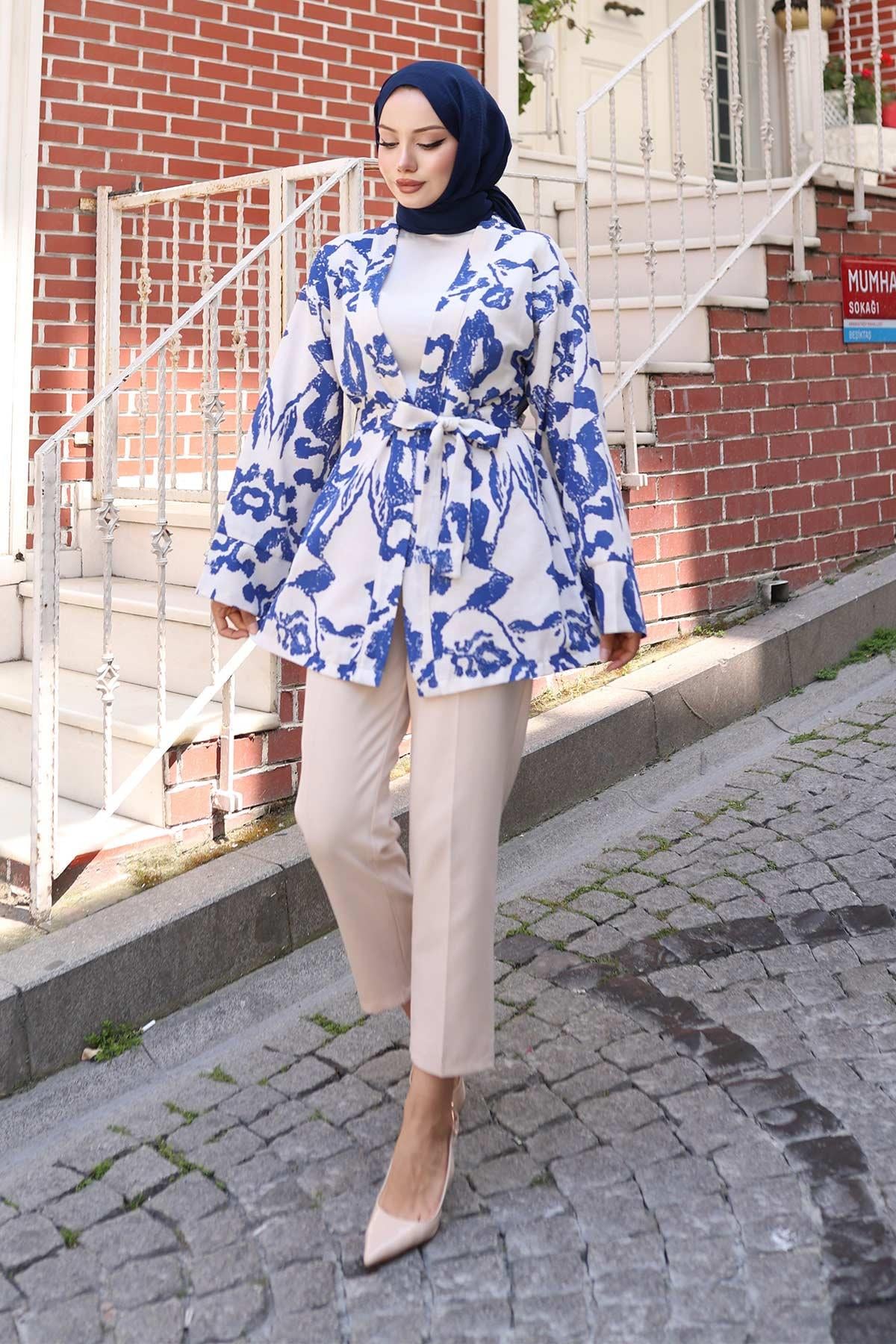 Etnik Desen Kimono İndigo