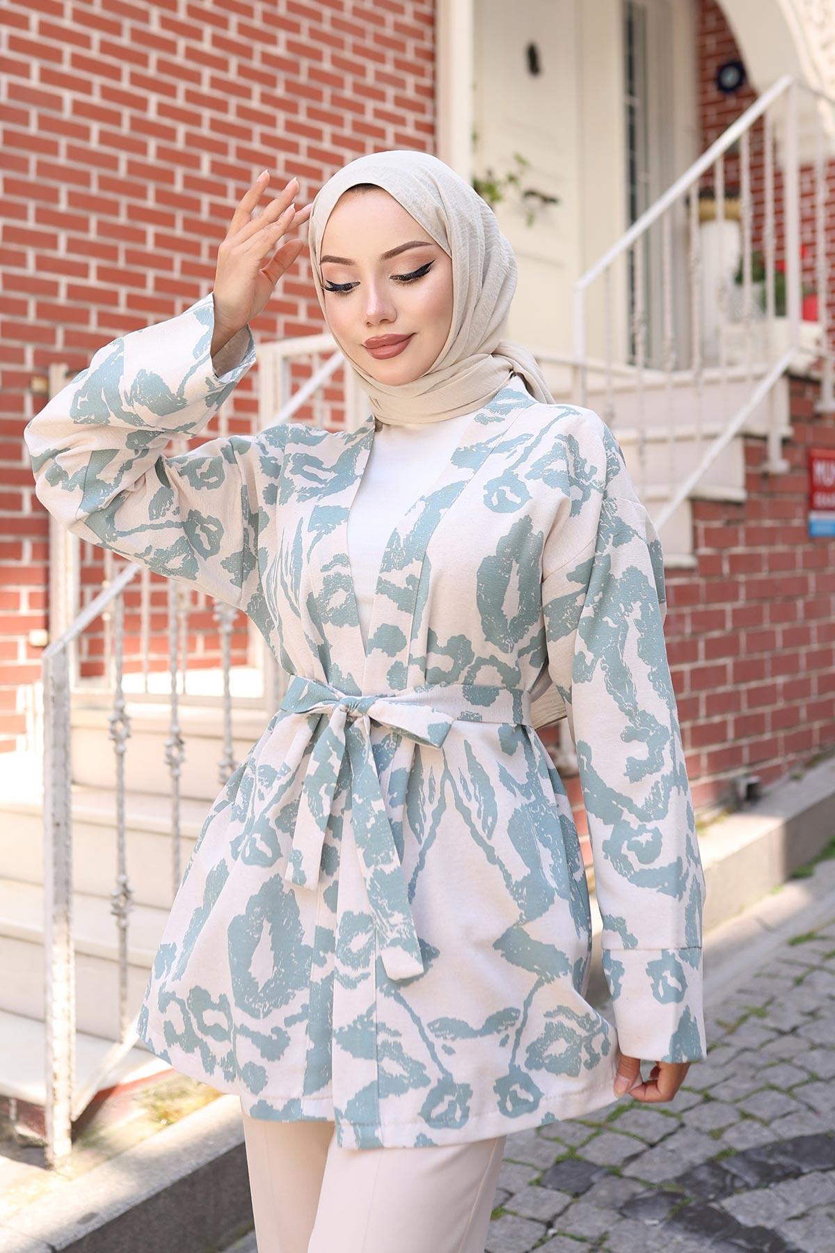 Etnik Desen Kimono Mint Yeşili