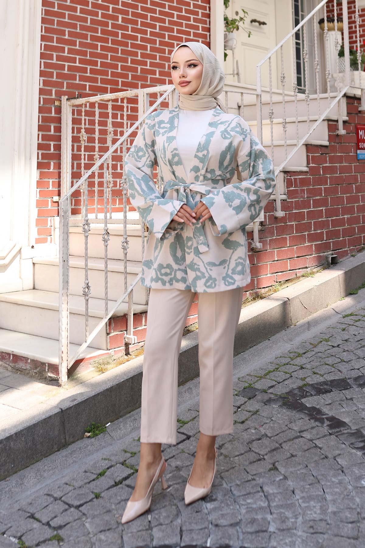 Etnik Desen Kimono Mint Yeşili