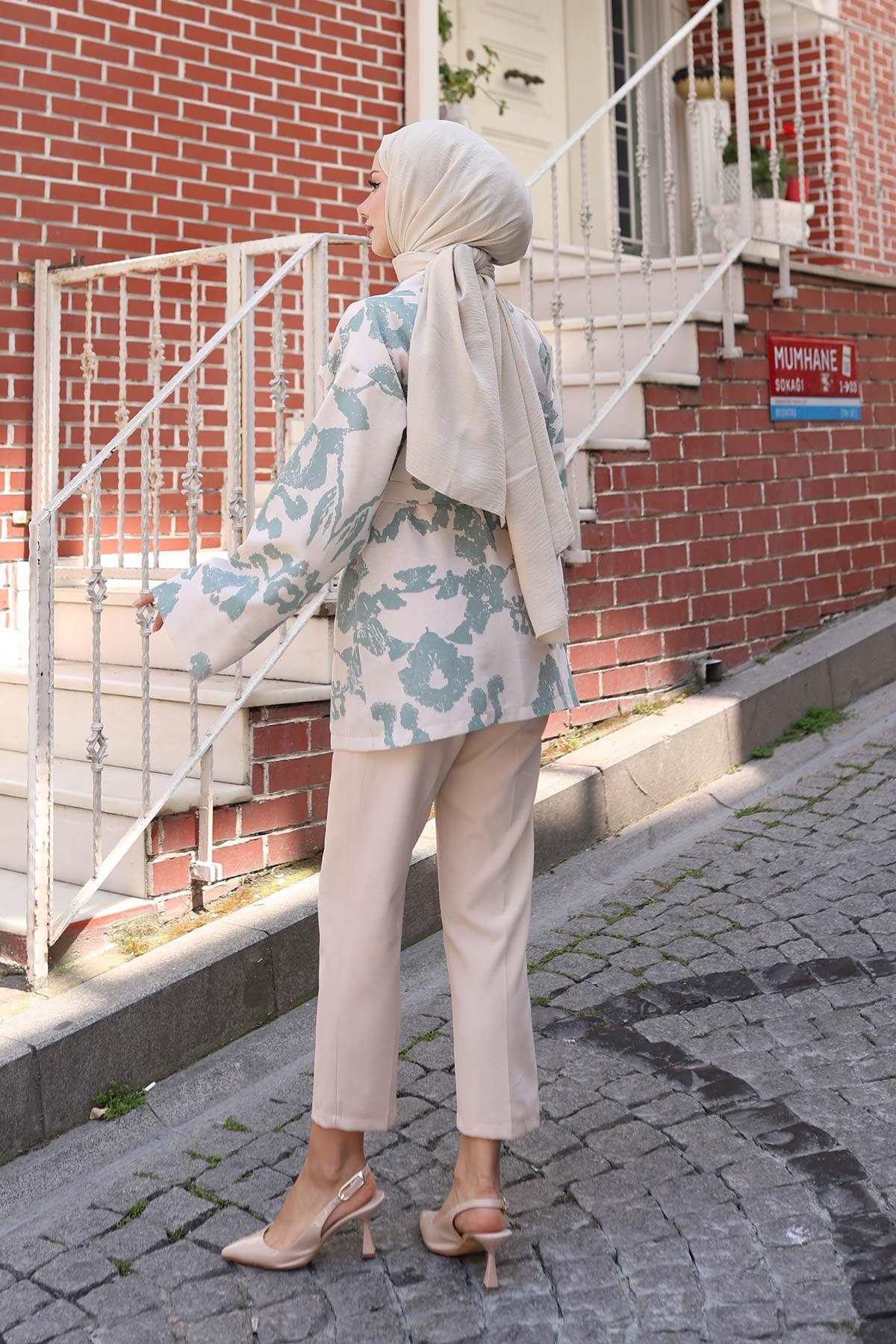 Etnik Desen Kimono Mint Yeşili