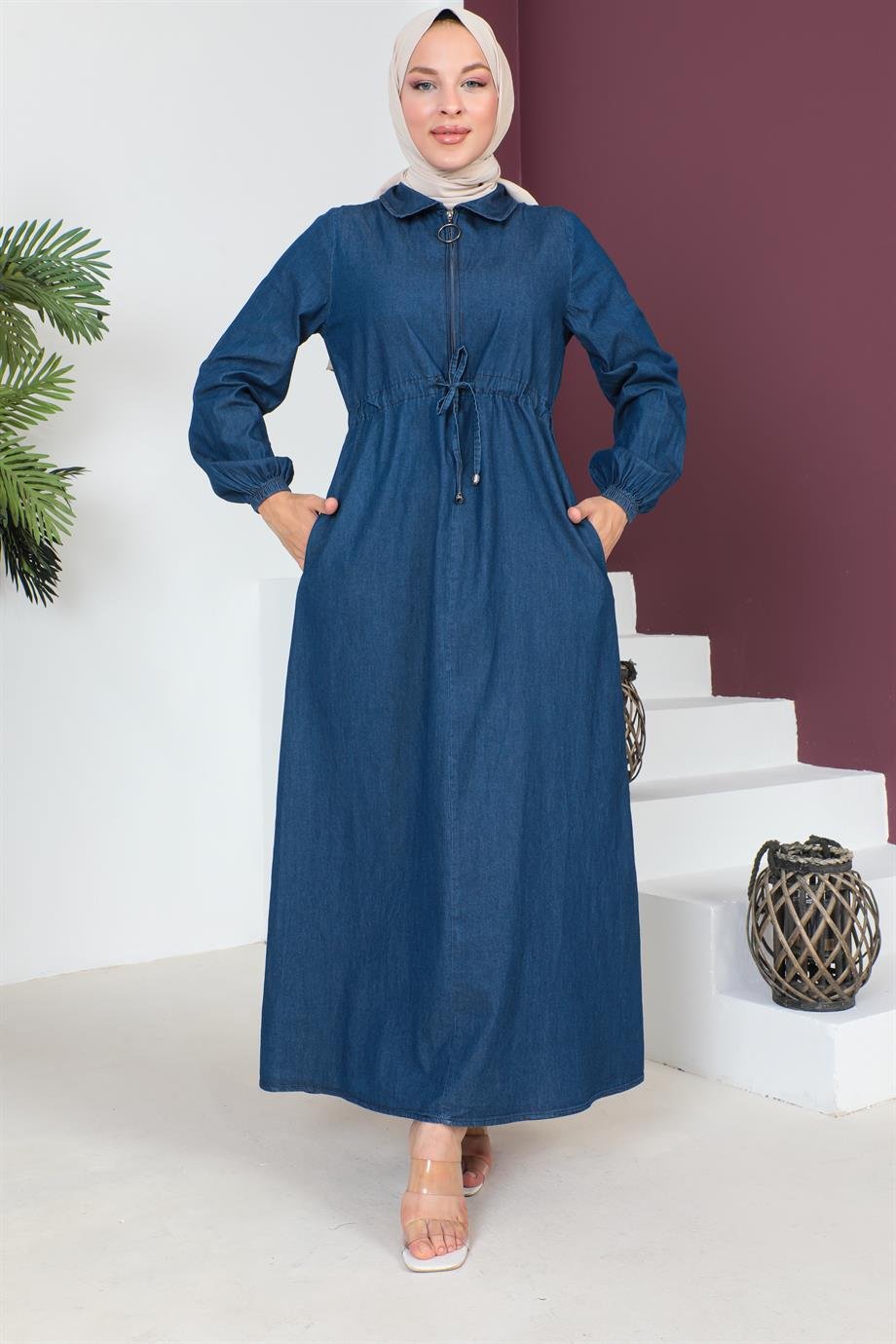 Fermuar Detaylı Tesettür Koyu Kot elbise 