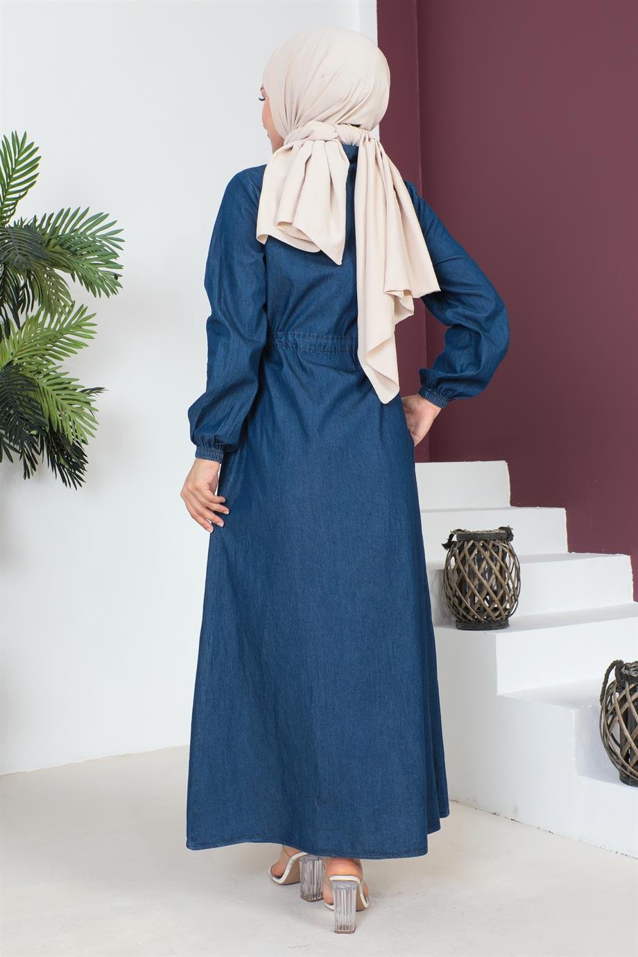 Fermuar Detaylı Tesettür Koyu Kot elbise 