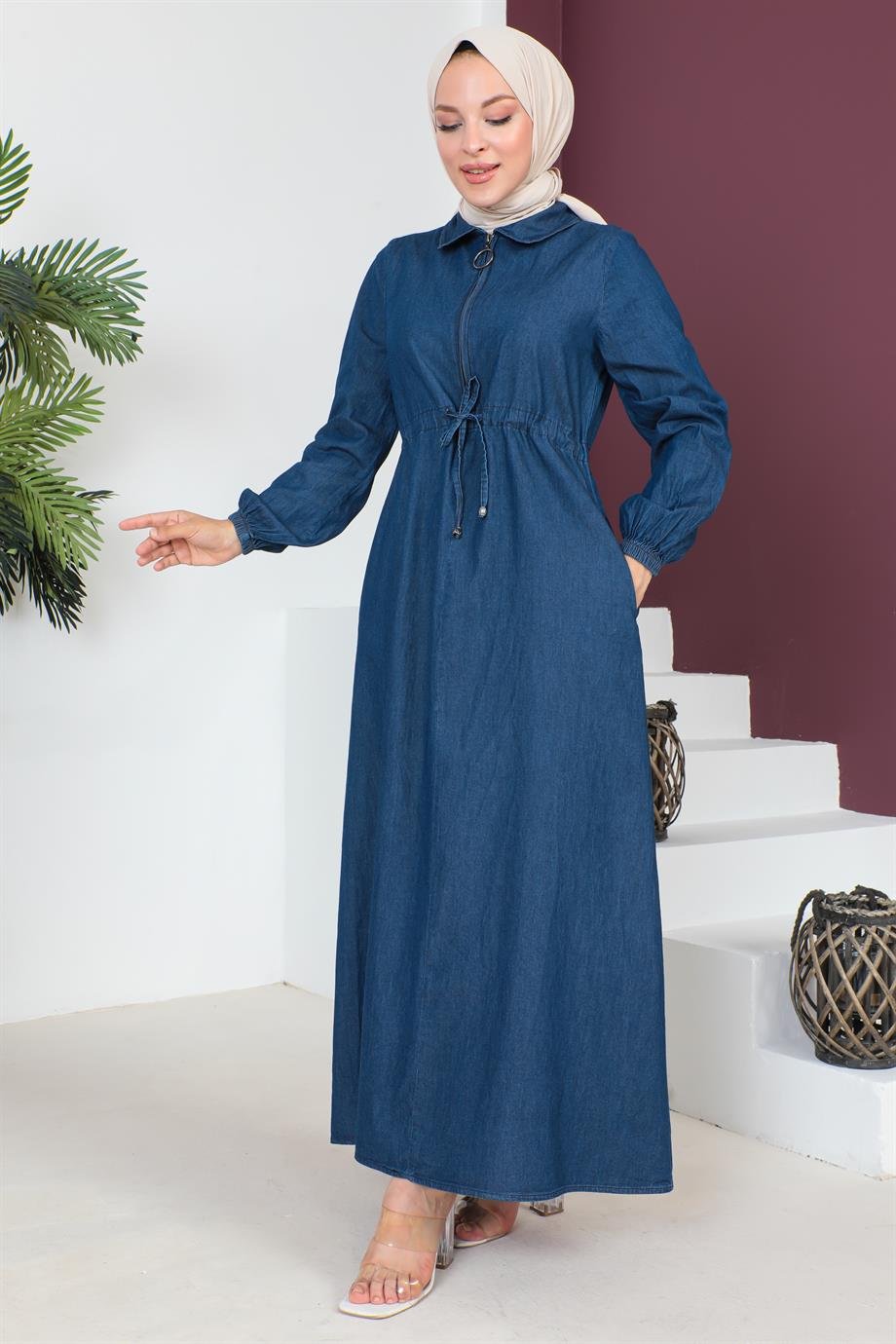 Fermuar Detaylı Tesettür Koyu Kot elbise 