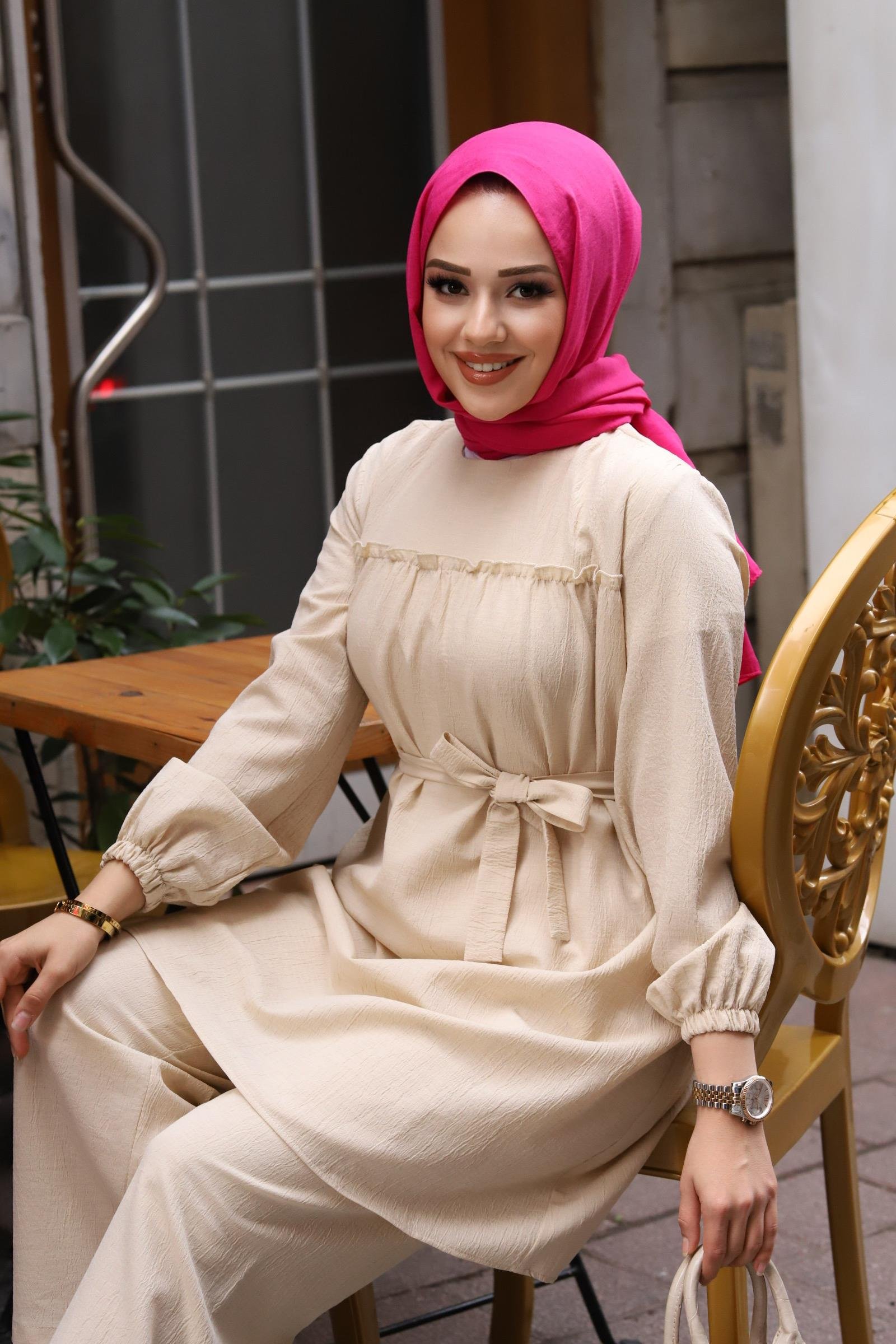 Fırfır Detaylı Tesettür Bej Takım 