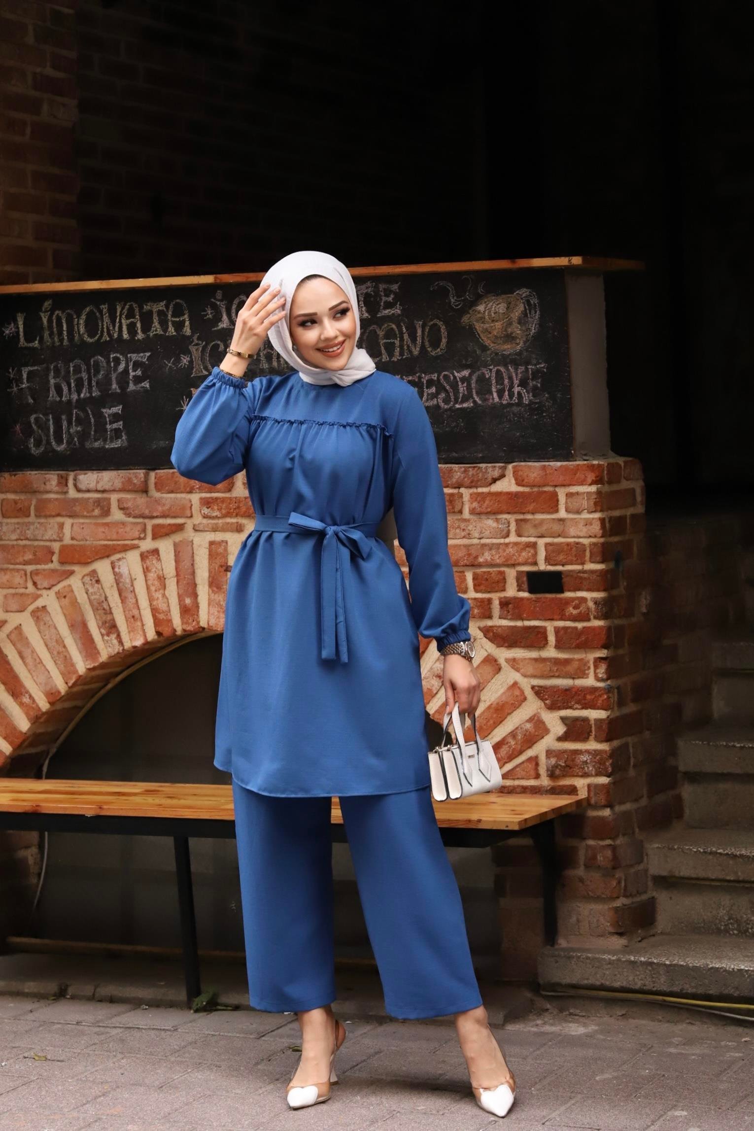 Fırfır Detaylı Tesettür İndigo Takım 