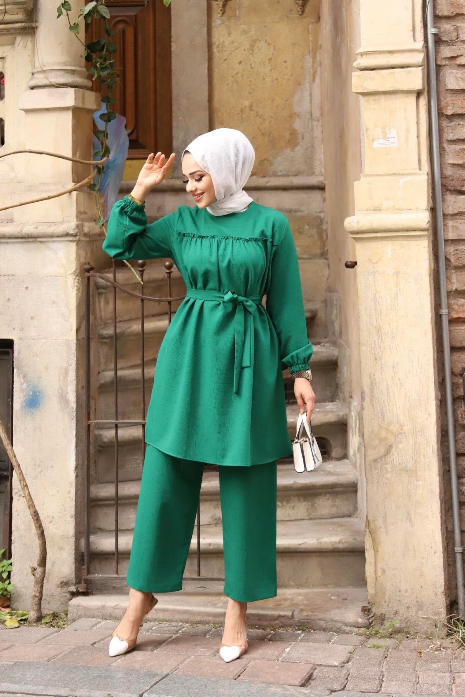 Fırfır Detaylı Tesettür Yeşil Takım 