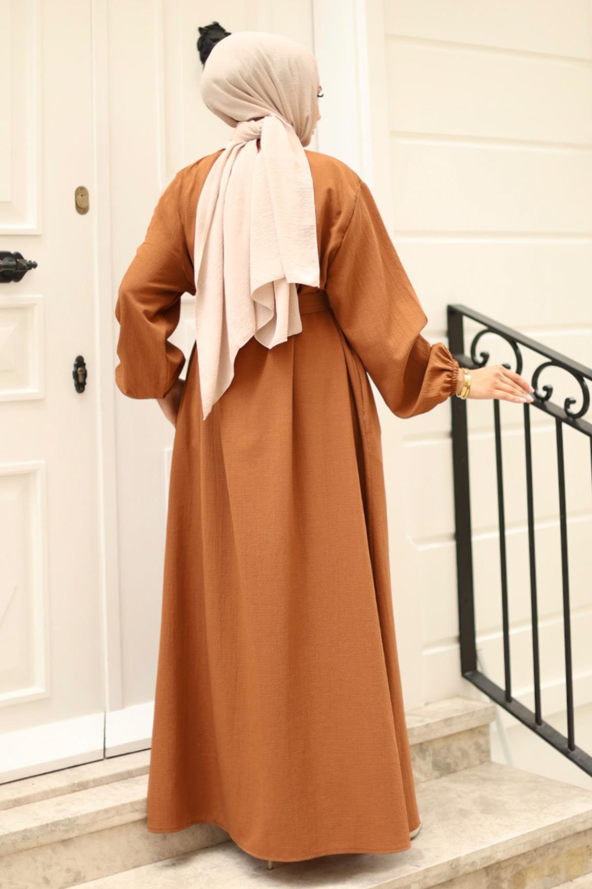 Gizli Fermuarlı Kuşaklı Ferace Kahverengi 4423