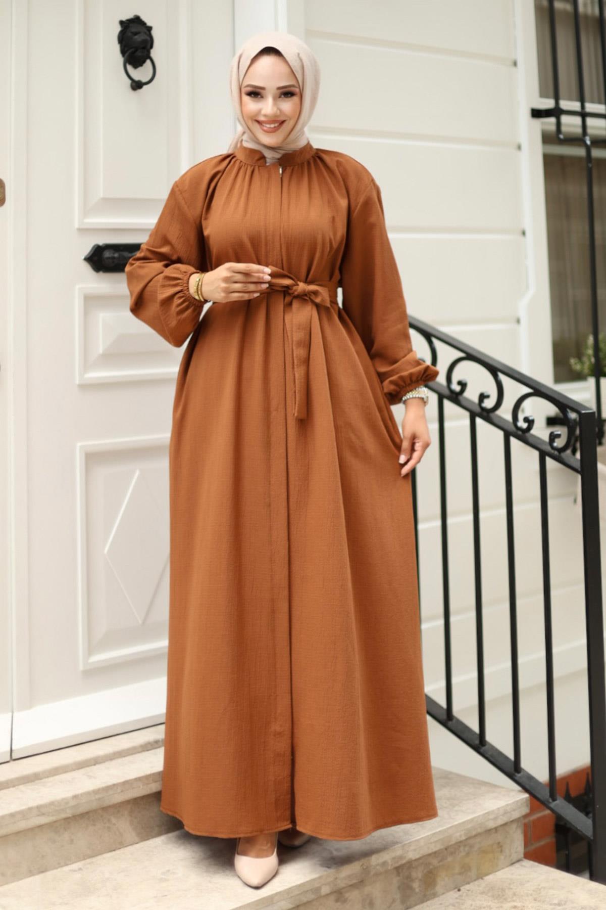 Gizli Fermuarlı Kuşaklı Ferace Kahverengi 4423