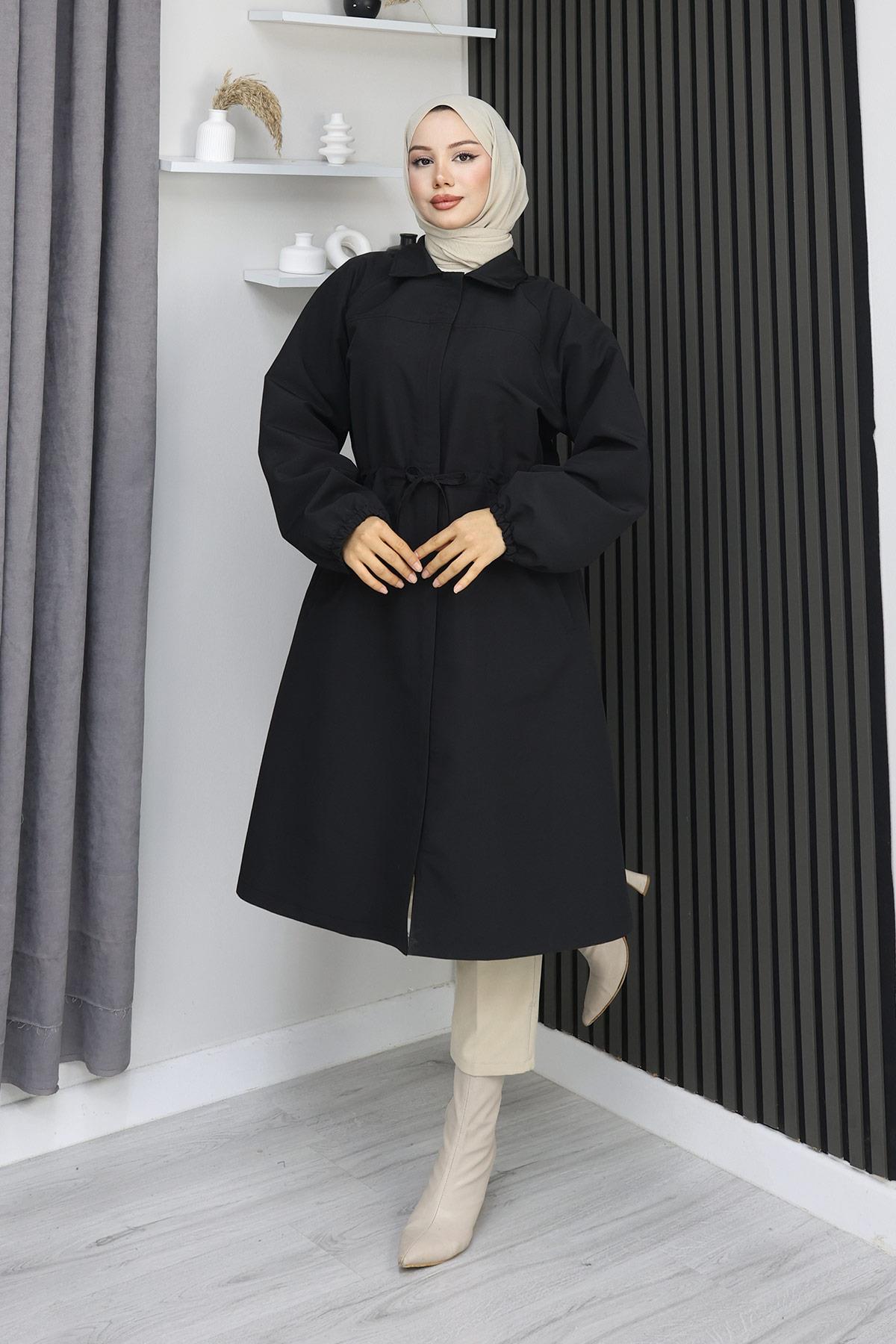 Gizli Patlı Trençkot  Siyah 4430