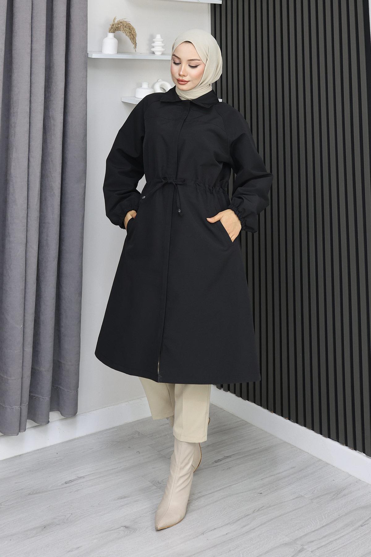 Gizli Patlı Trençkot  Siyah 4430