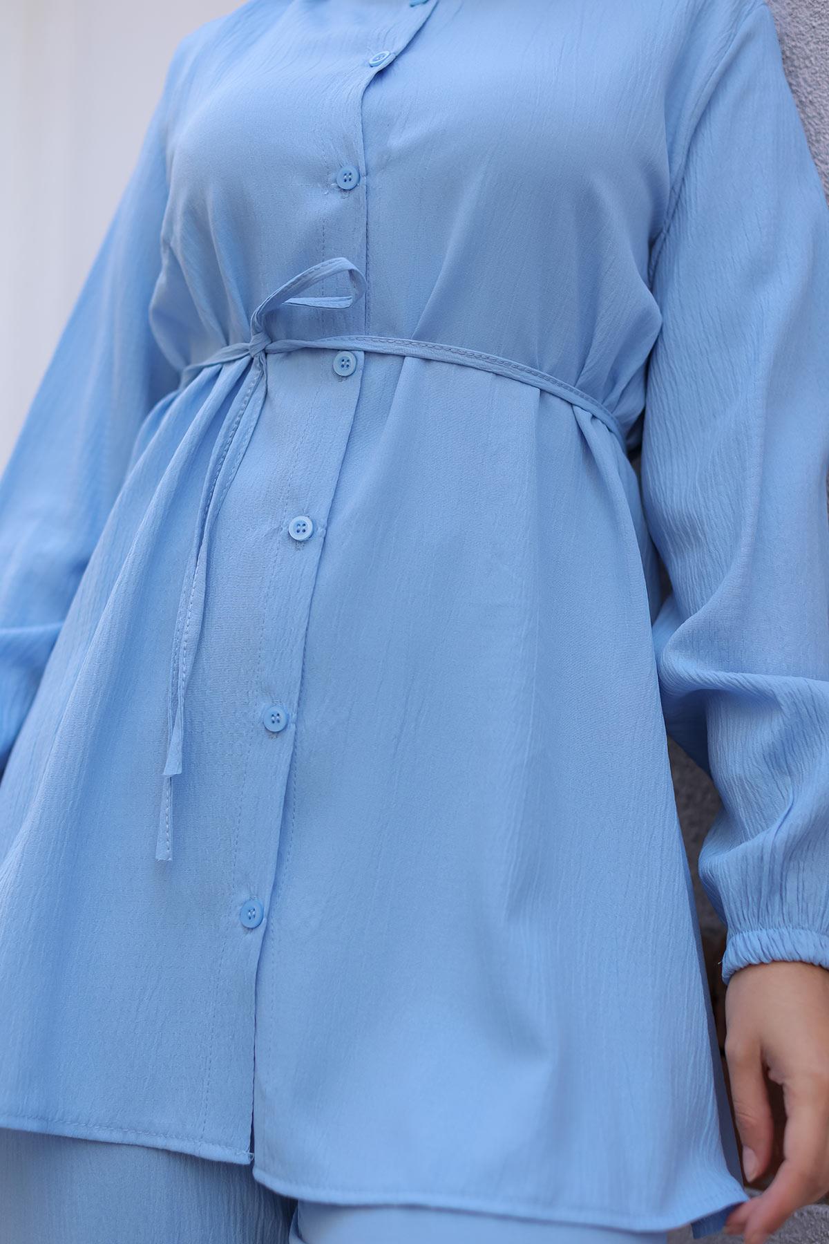 Hakim Yaka Detaylı Tesettür Bebe Mavisi Takım