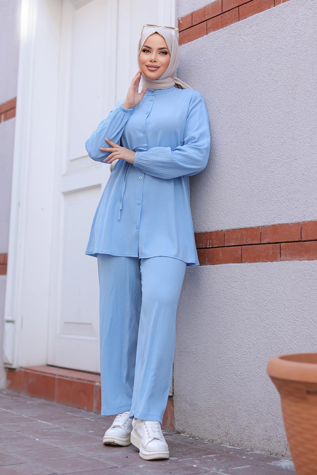 Hakim Yaka Detaylı Tesettür Bebe Mavisi Takım