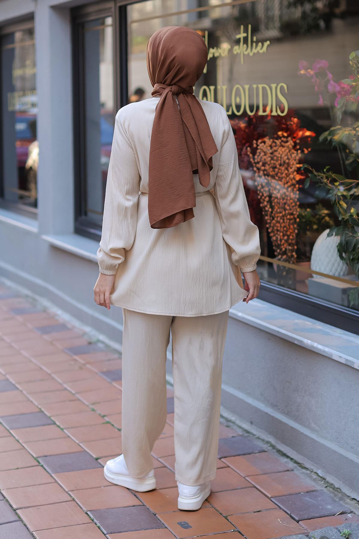 Hakim Yaka Detaylı Tesettür Bej Takım 