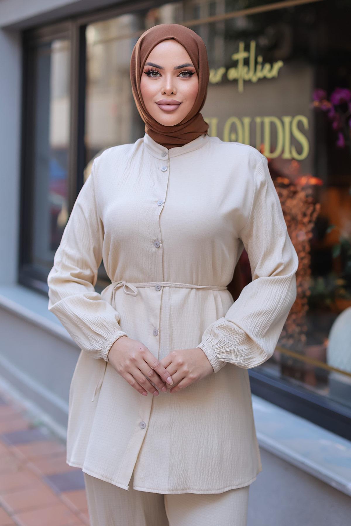 Hakim Yaka Detaylı Tesettür Bej Takım 