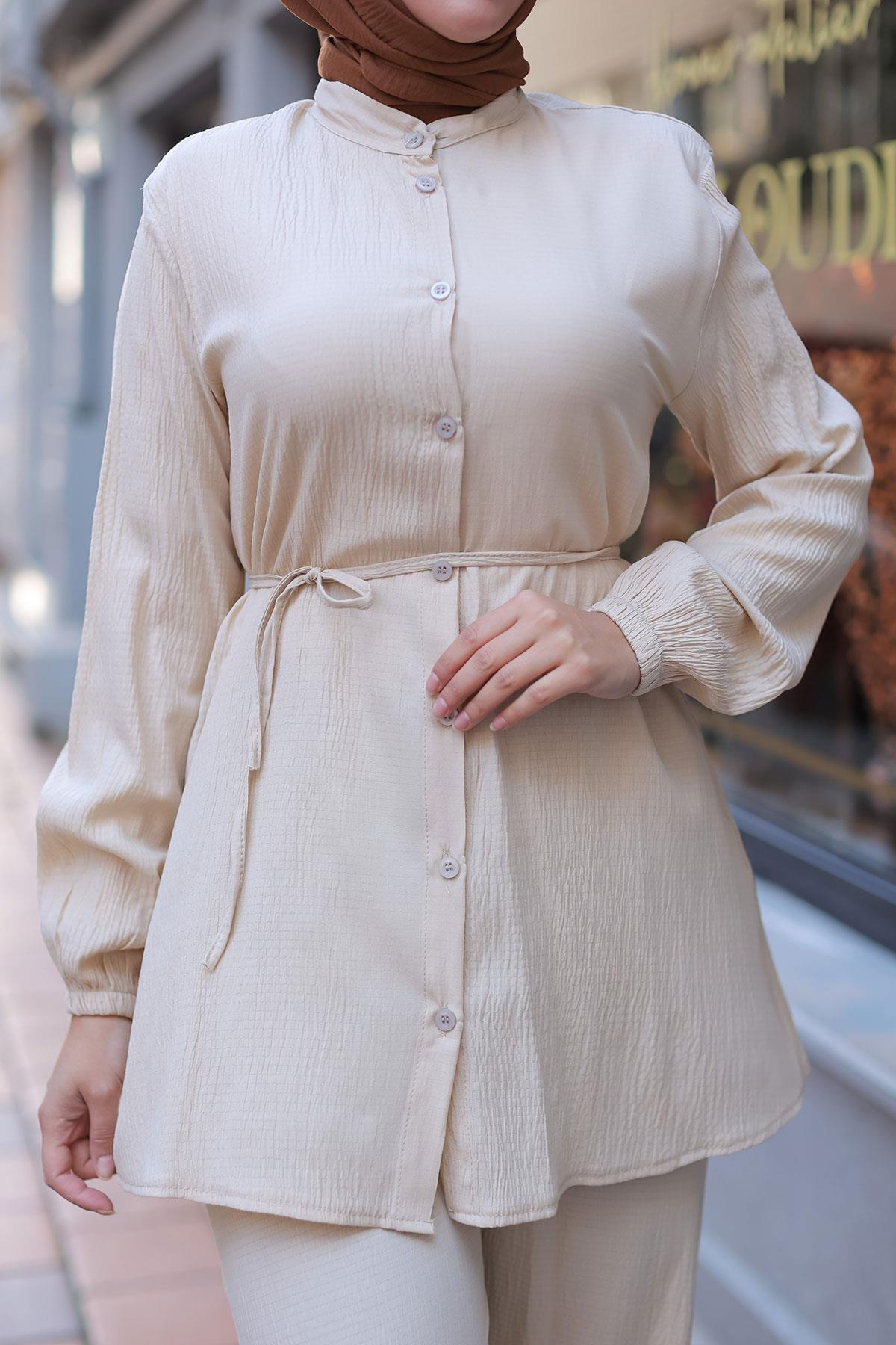 Hakim Yaka Detaylı Tesettür Bej Takım 