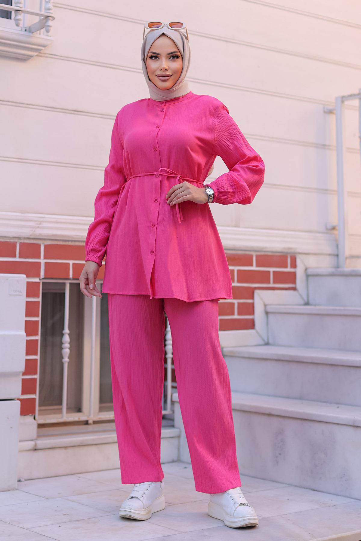 Hakim Yaka Detaylı Tesettür Fuşya Takım 