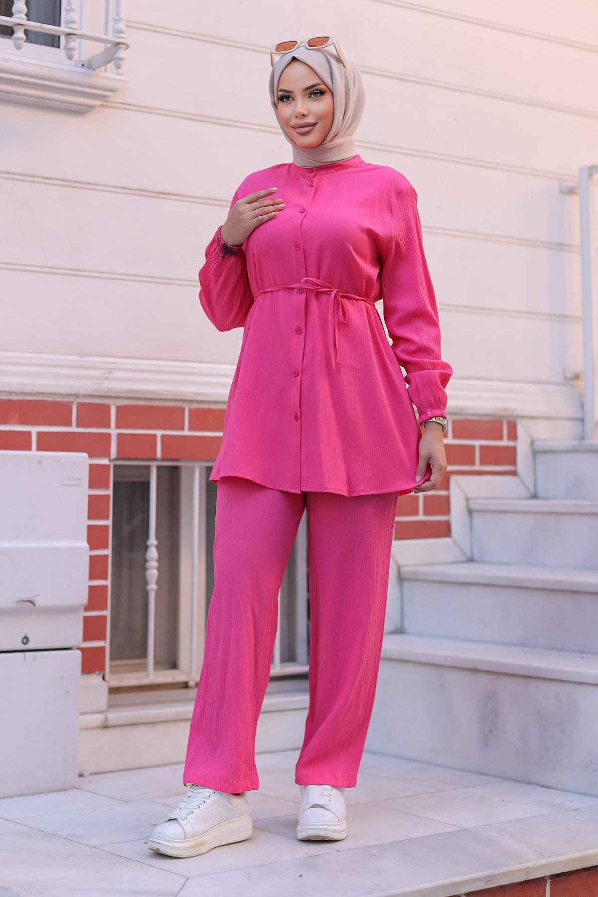 Hakim Yaka Detaylı Tesettür Fuşya Takım 