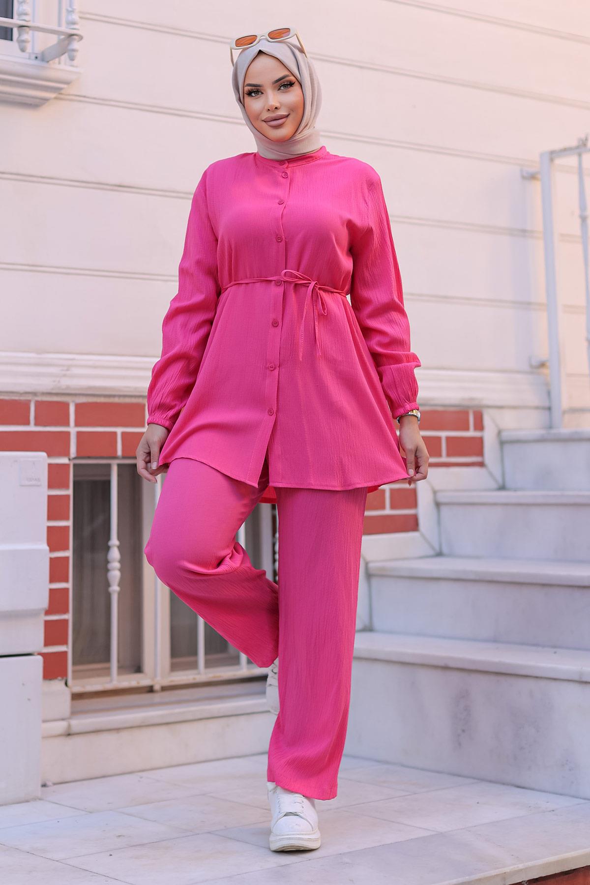 Hakim Yaka Detaylı Tesettür Fuşya Takım 