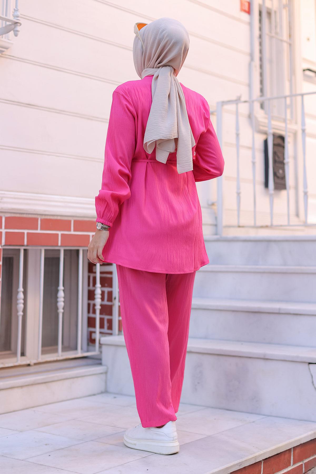 Hakim Yaka Detaylı Tesettür Fuşya Takım 