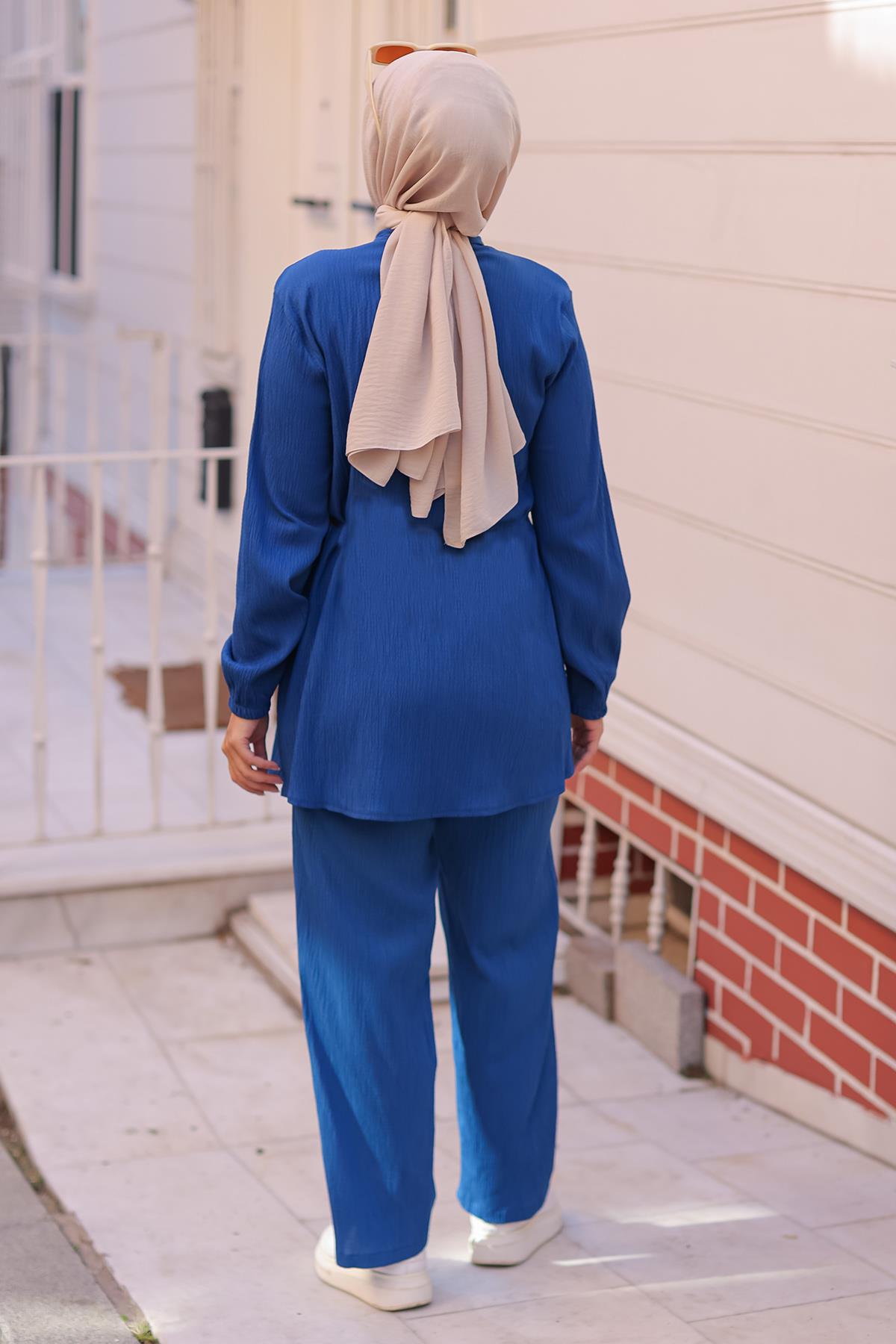 Hakim Yaka Detaylı Tesettür İndigo Takım 