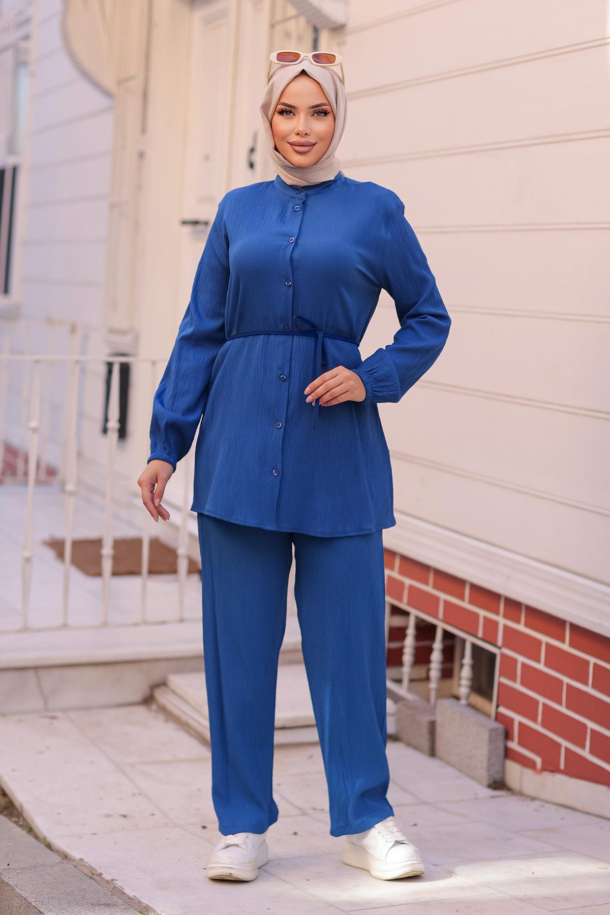 Hakim Yaka Detaylı Tesettür İndigo Takım 