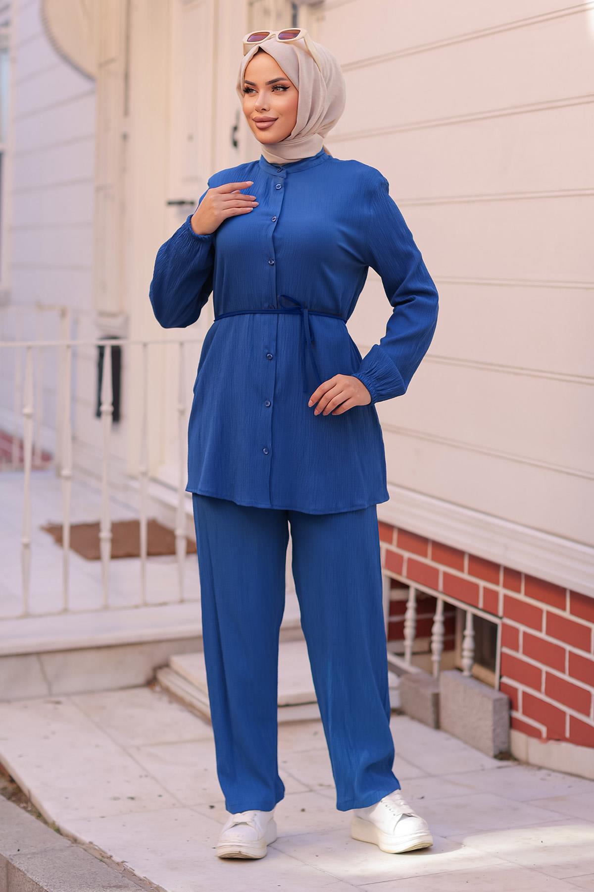 Hakim Yaka Detaylı Tesettür İndigo Takım 