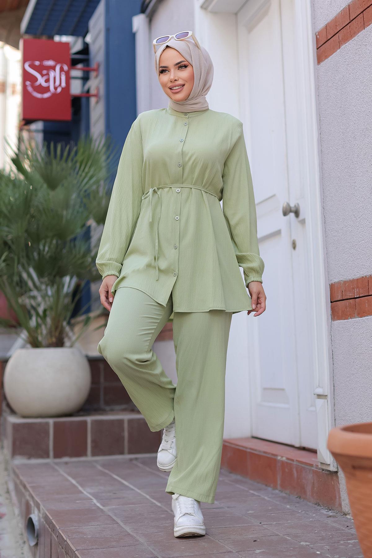 Hakim Yaka Detaylı Tesettür Mint Takım