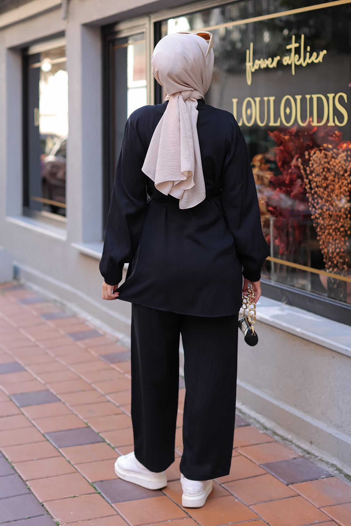 Hakim Yaka Detaylı Tesettür Siyah Takım 