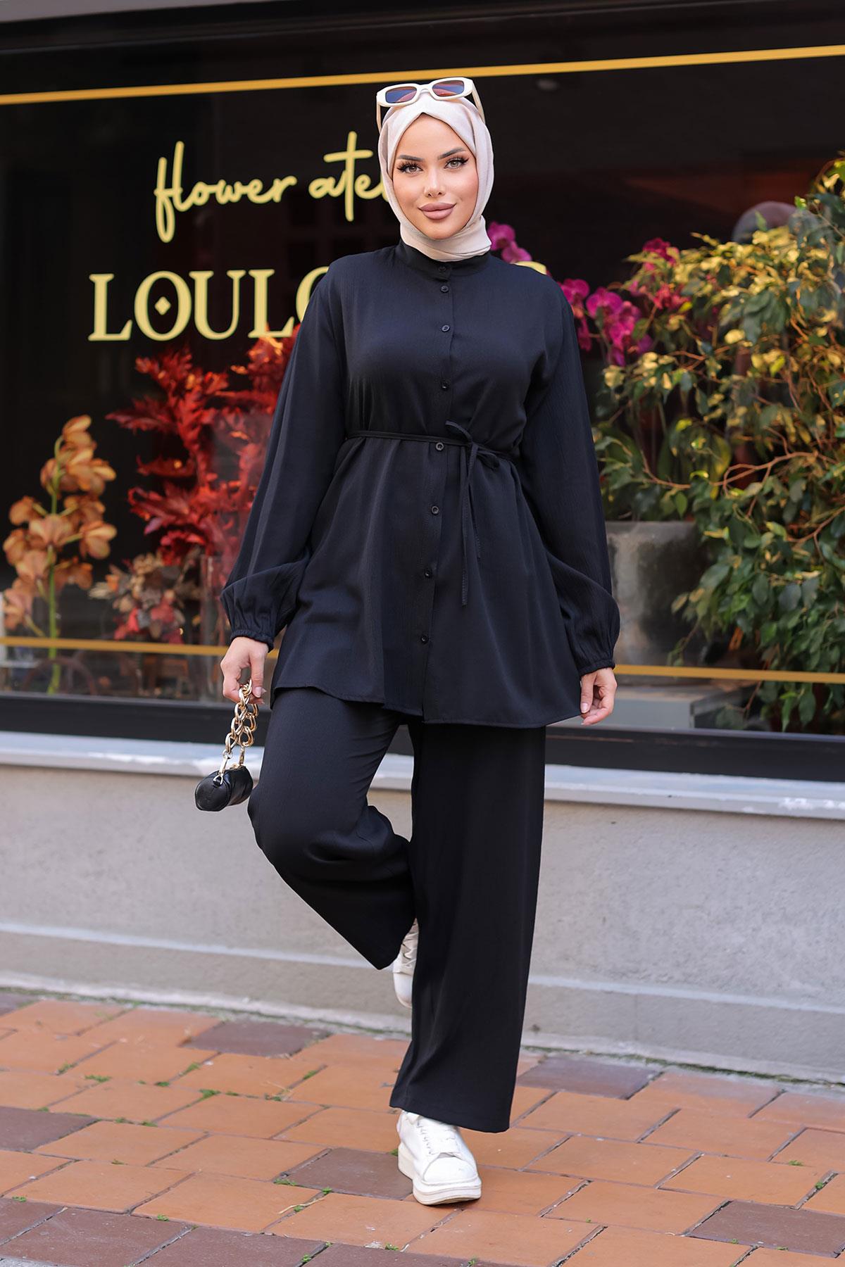 Hakim Yaka Detaylı Tesettür Siyah Takım 