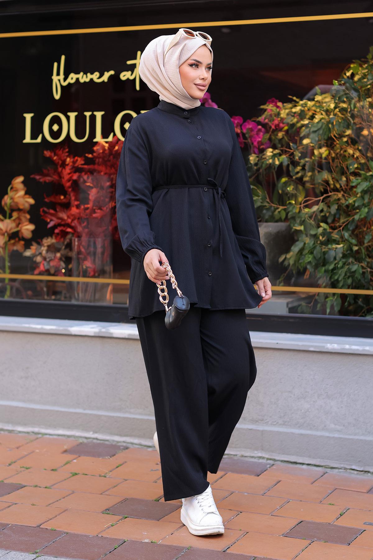 Hakim Yaka Detaylı Tesettür Siyah Takım 