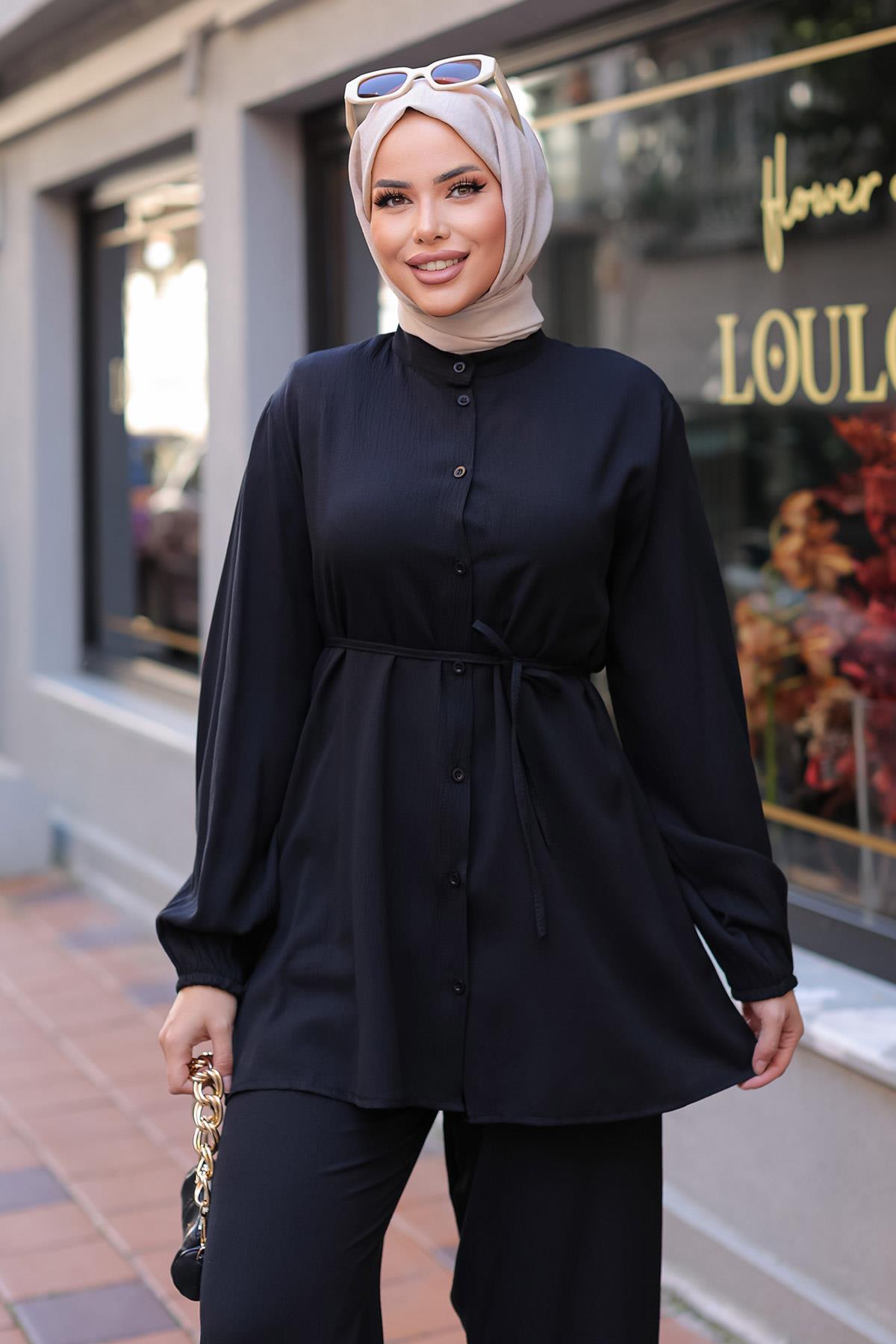 Hakim Yaka Detaylı Tesettür Siyah Takım 