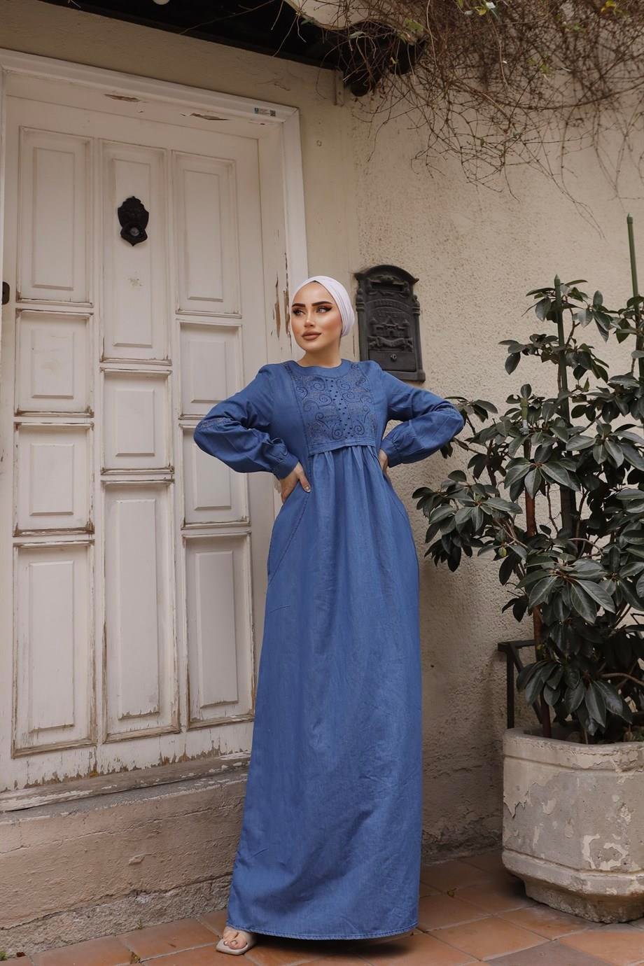 İnci Detaylı Tesettür Açık Kot elbise 