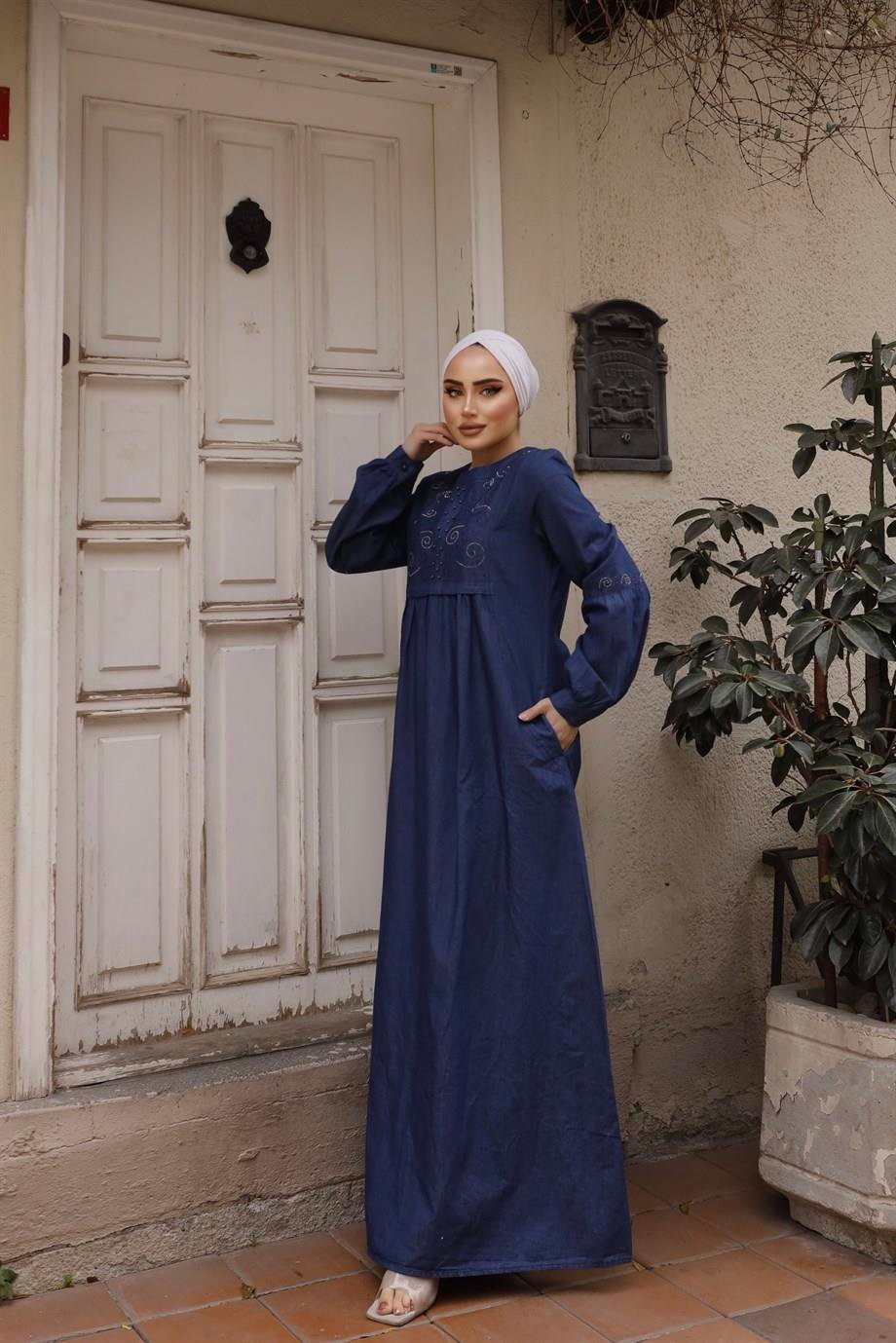 İnci Detaylı Tesettür Koyu Kot elbise 