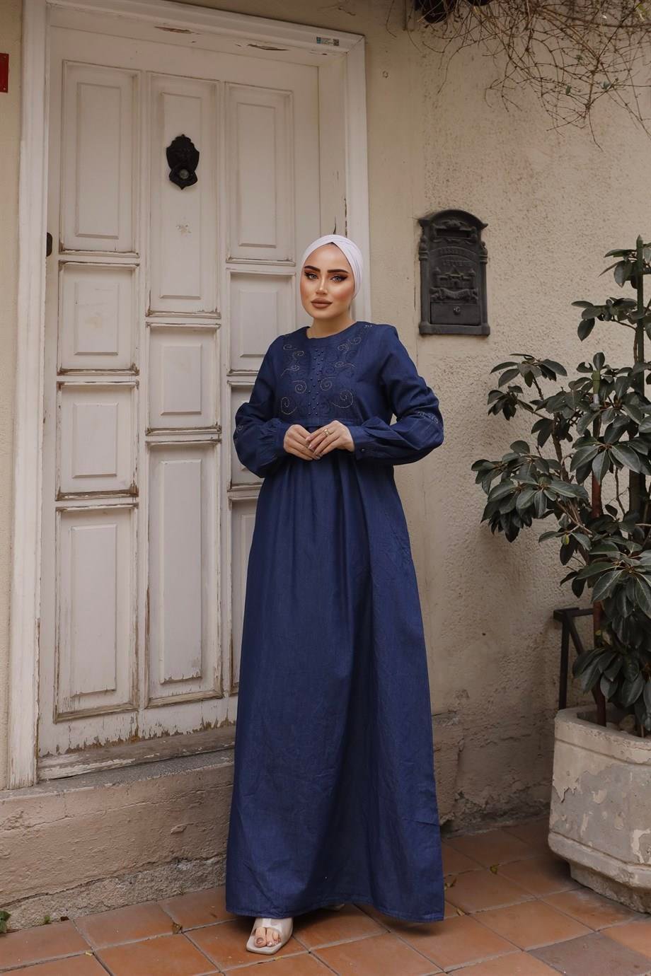 İnci Detaylı Tesettür Koyu Kot elbise 