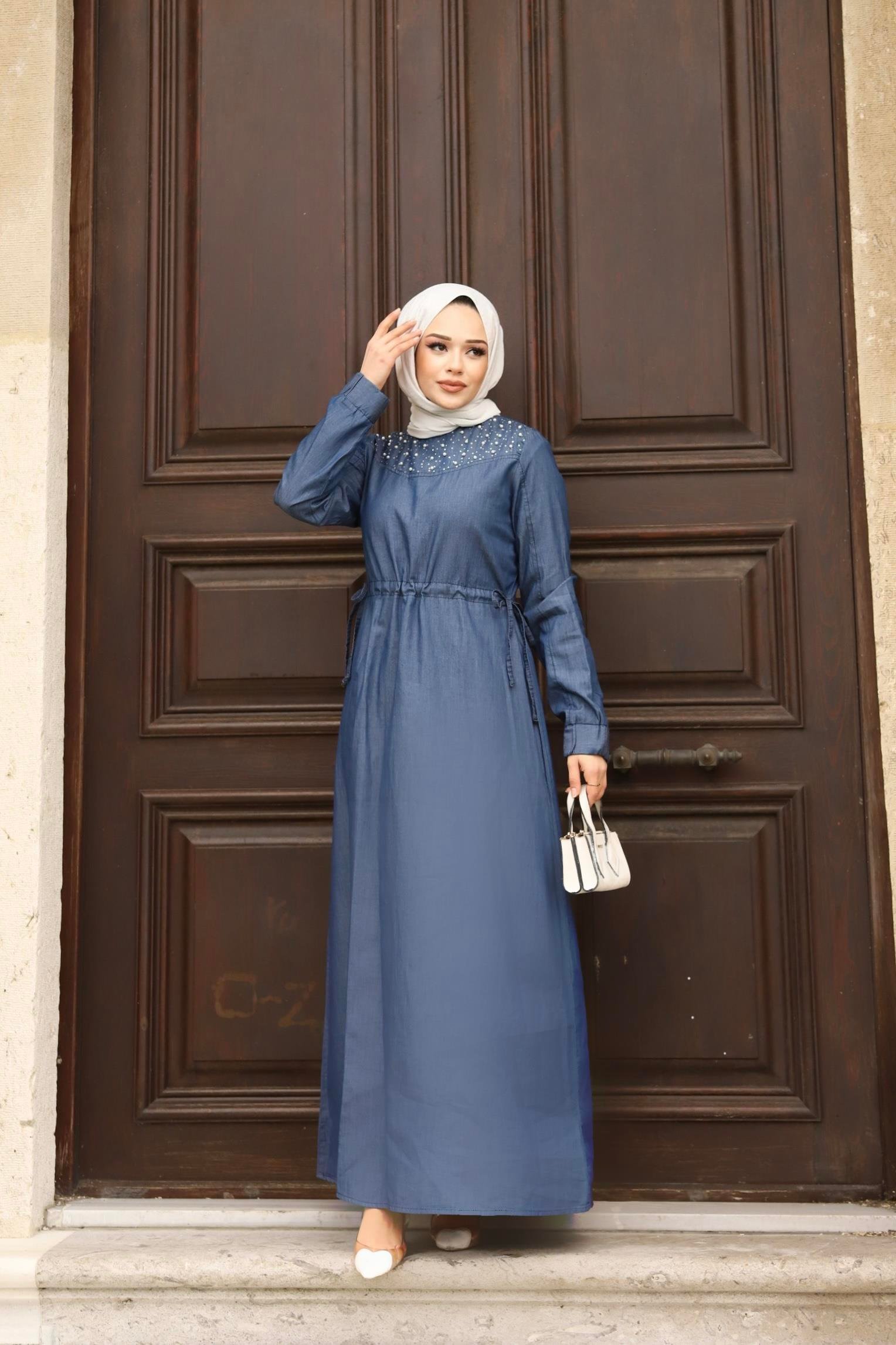 İnci Detaylı Tesettür Koyu Kot Elbise