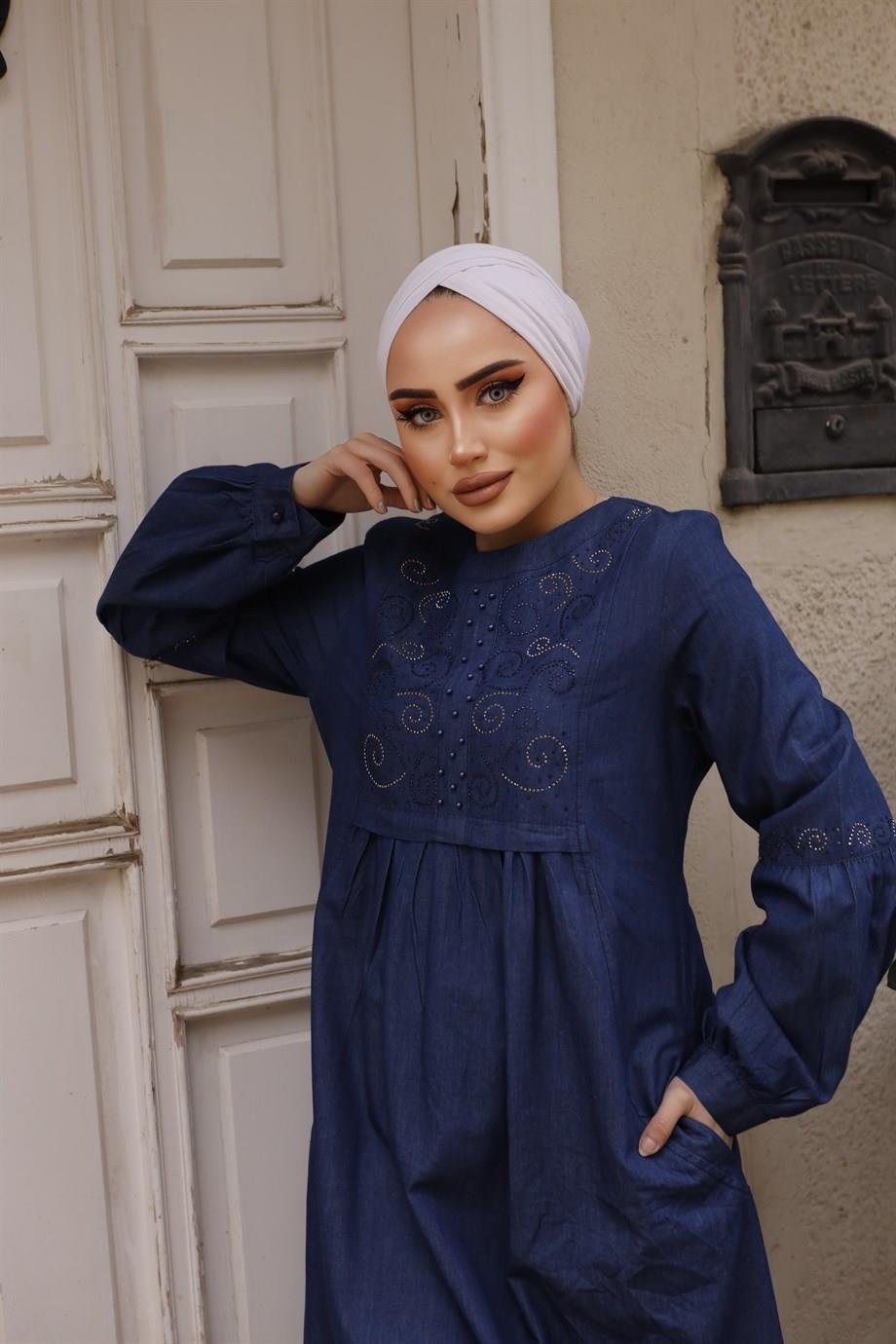 İnci Detaylı Tesettür Koyu Kot elbise 
