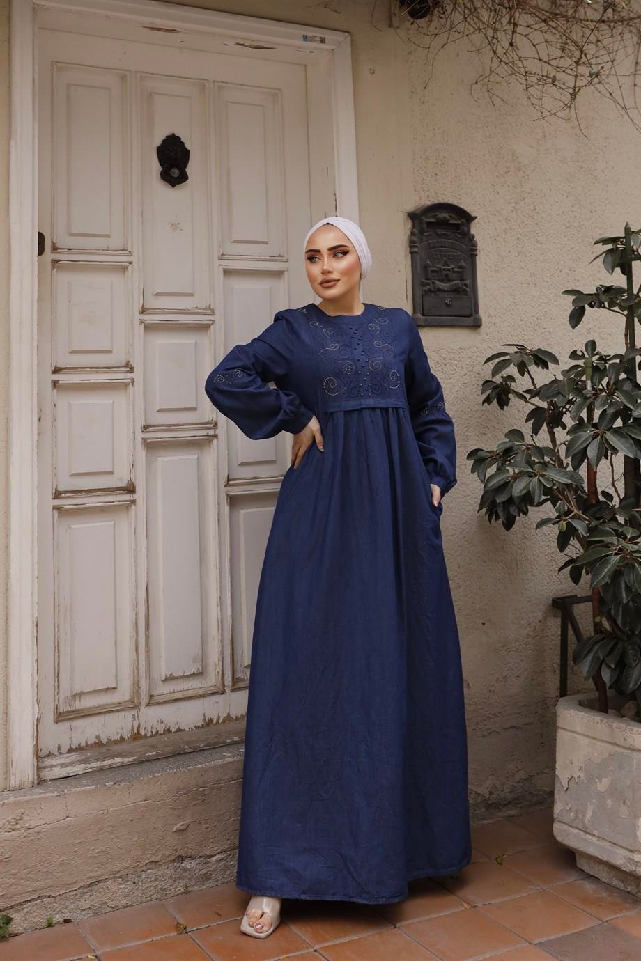 İnci Detaylı Tesettür Koyu Kot elbise 