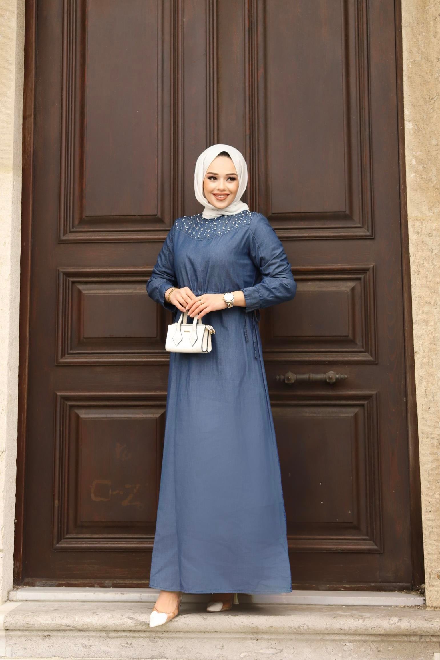 İnci Detaylı Tesettür Koyu Kot Elbise