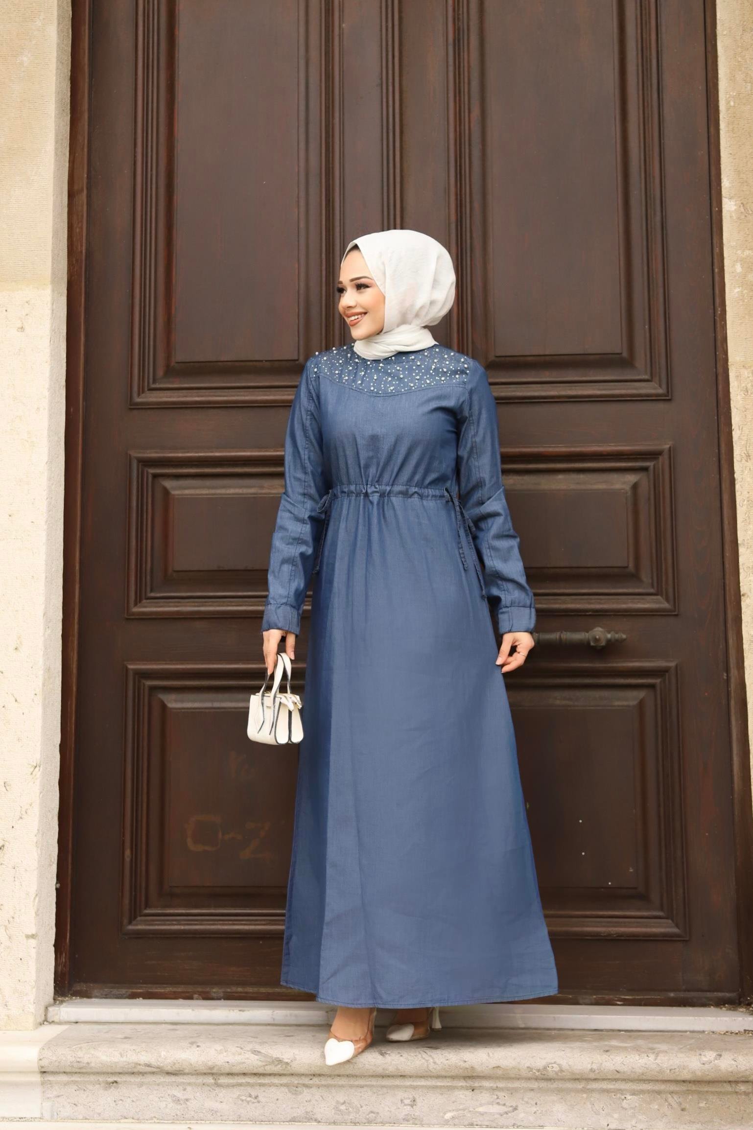 İnci Detaylı Tesettür Koyu Kot Elbise