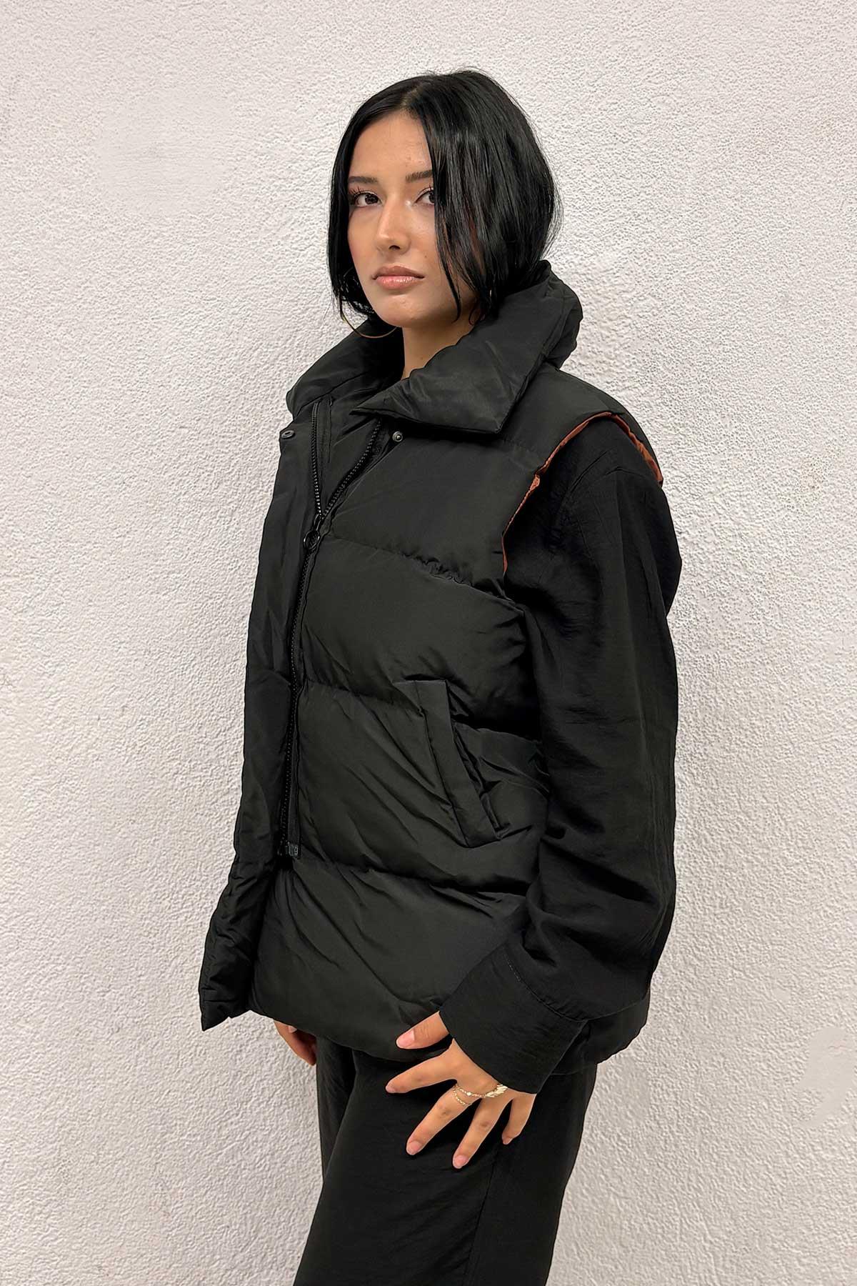 Kahverengi Astarlı Siyah Şişme Yelek