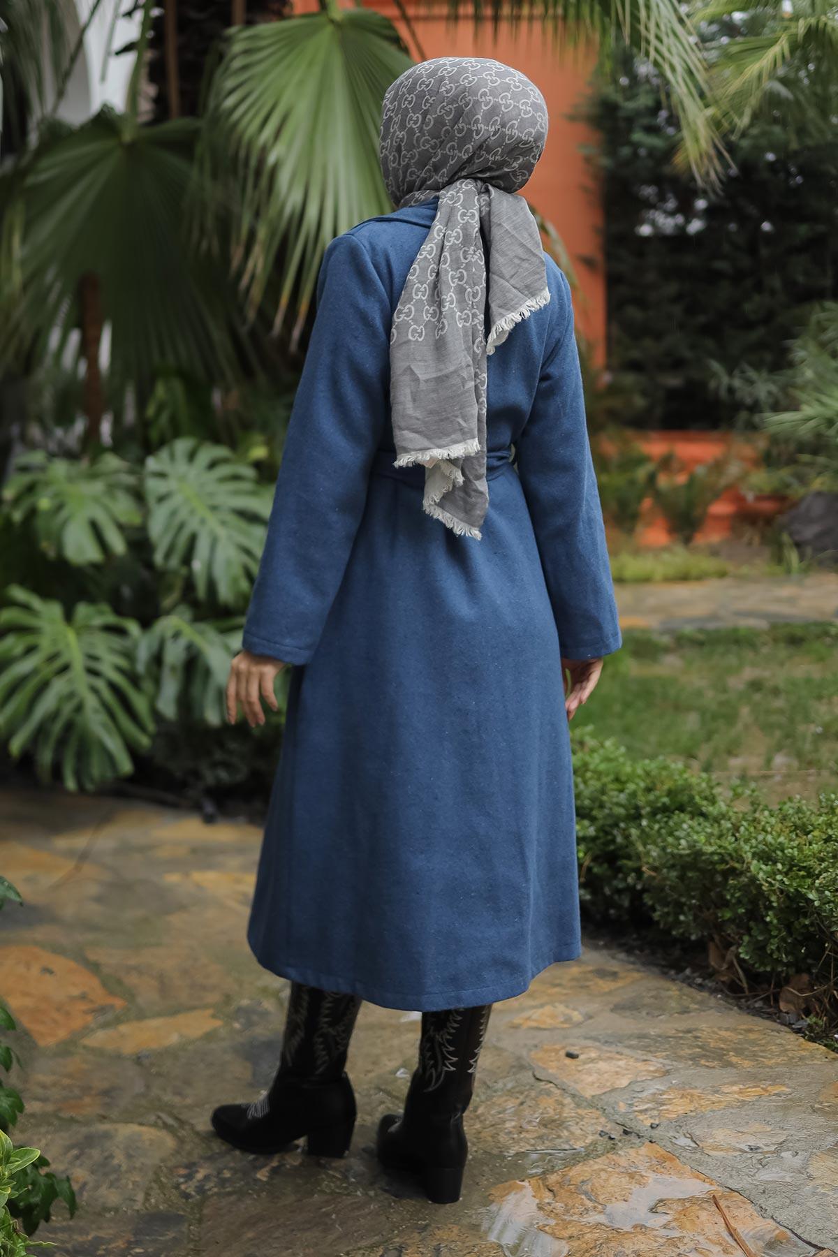 Kapak Detaylı Kaşe Kaban İndigo 