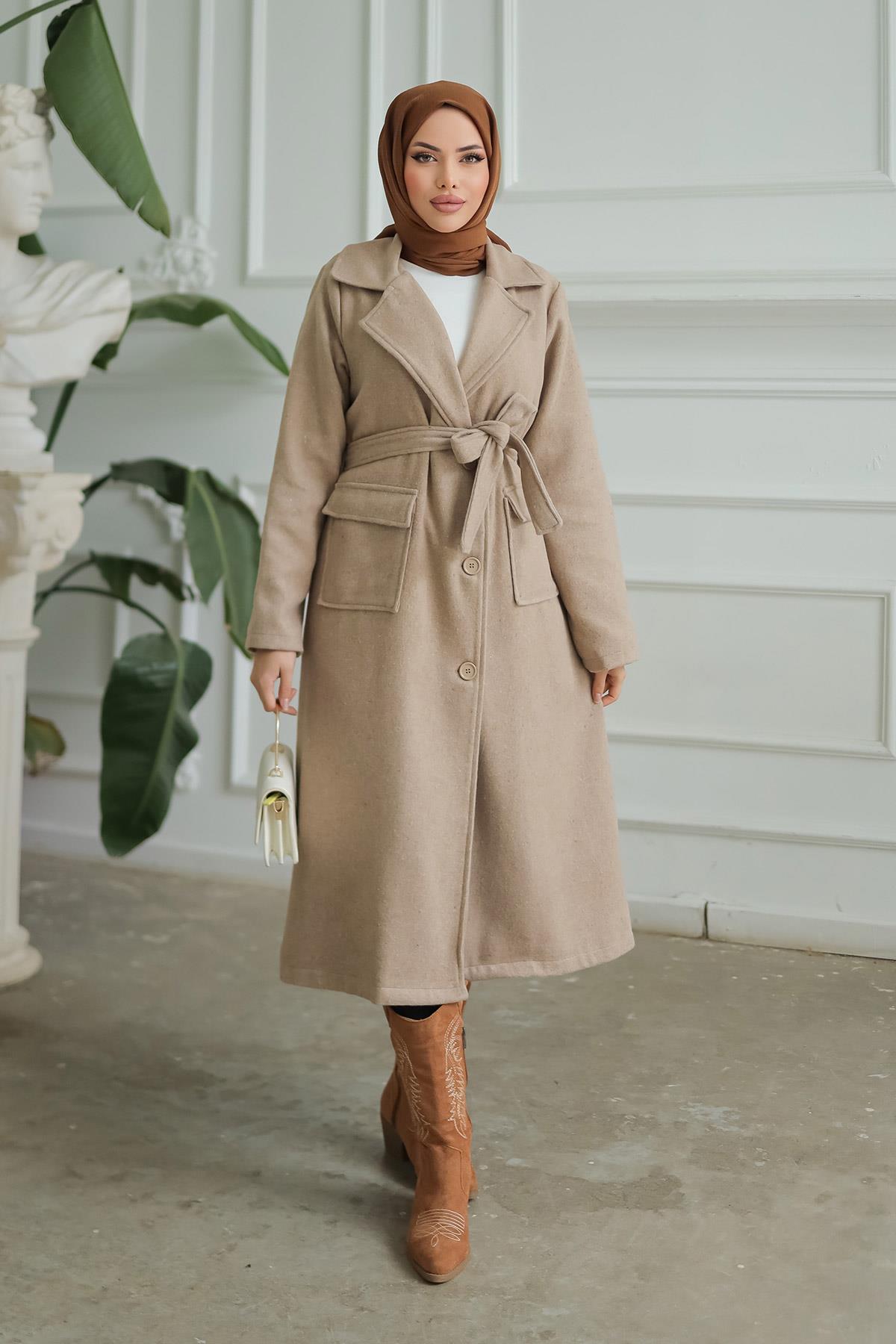 Kapak Detaylı Kaşe Kaban Vizon 