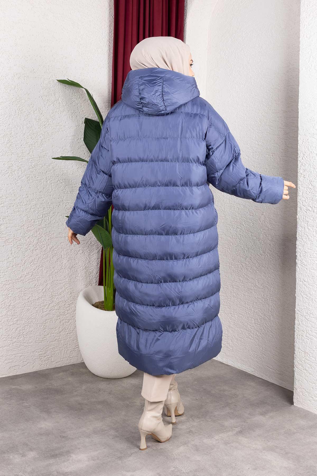 Kapşonlu Cepli Şişme Mont Mavi