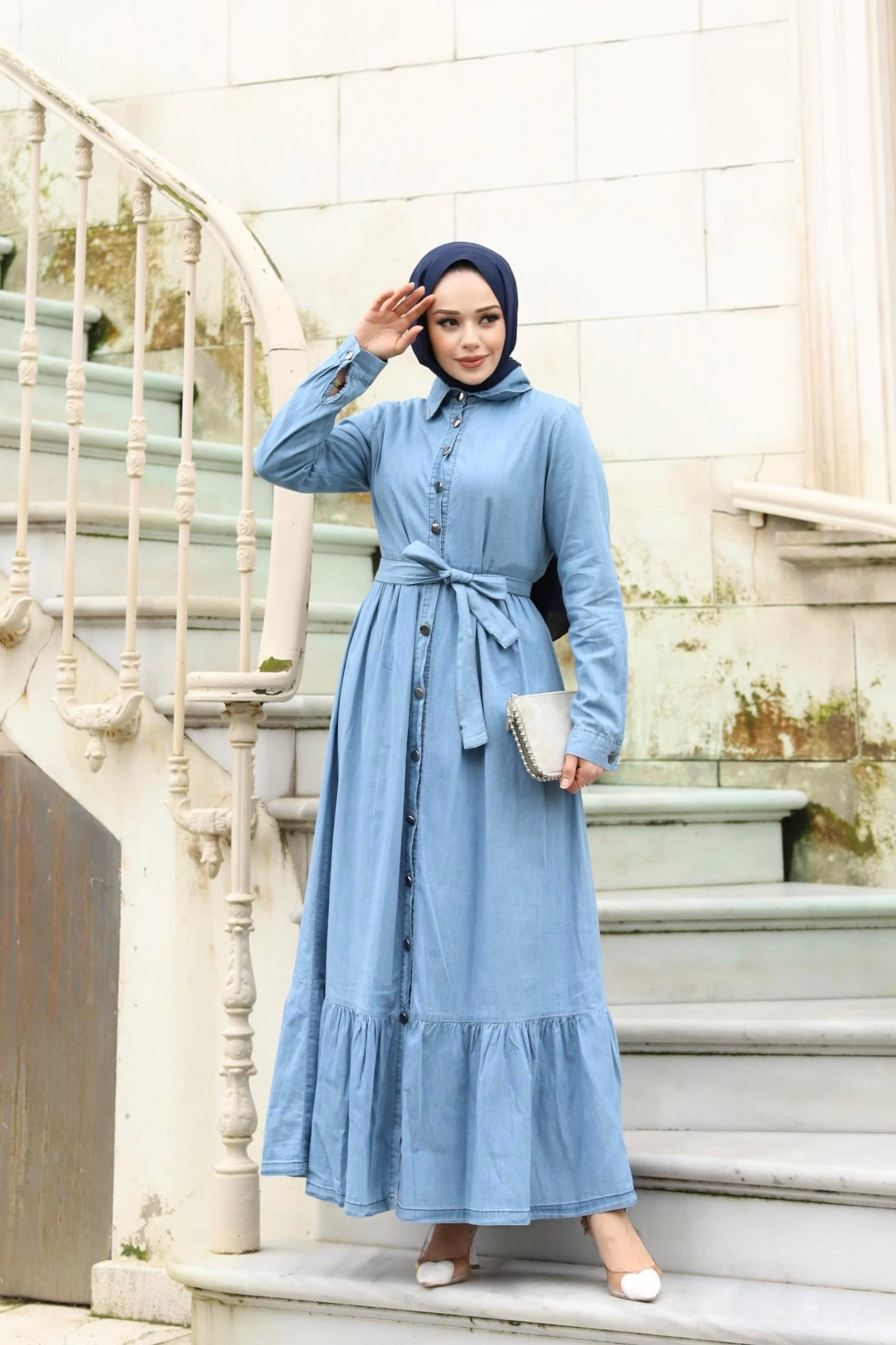 Kemer Detaylı Tesettür Açık Kot elbise 