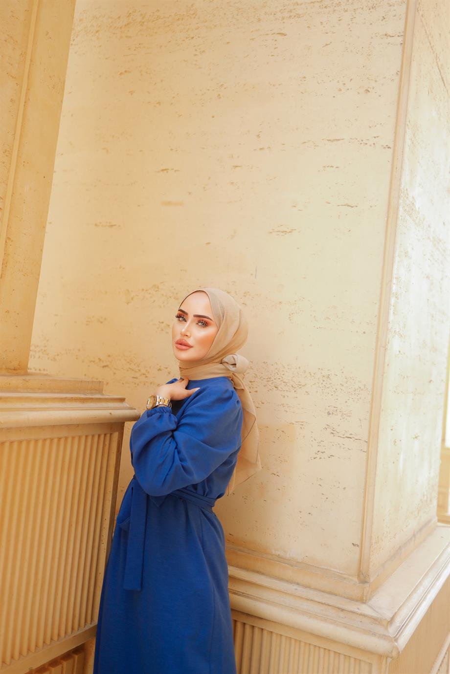 Kemer Detaylı Tesettür Saks Mavisi  Elbise