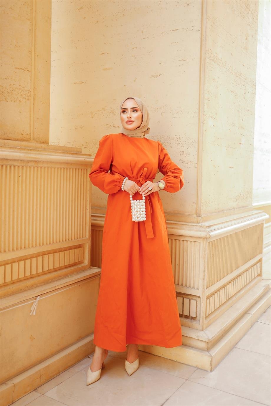 Kemer Detaylı Tesettür Turuncu Elbise