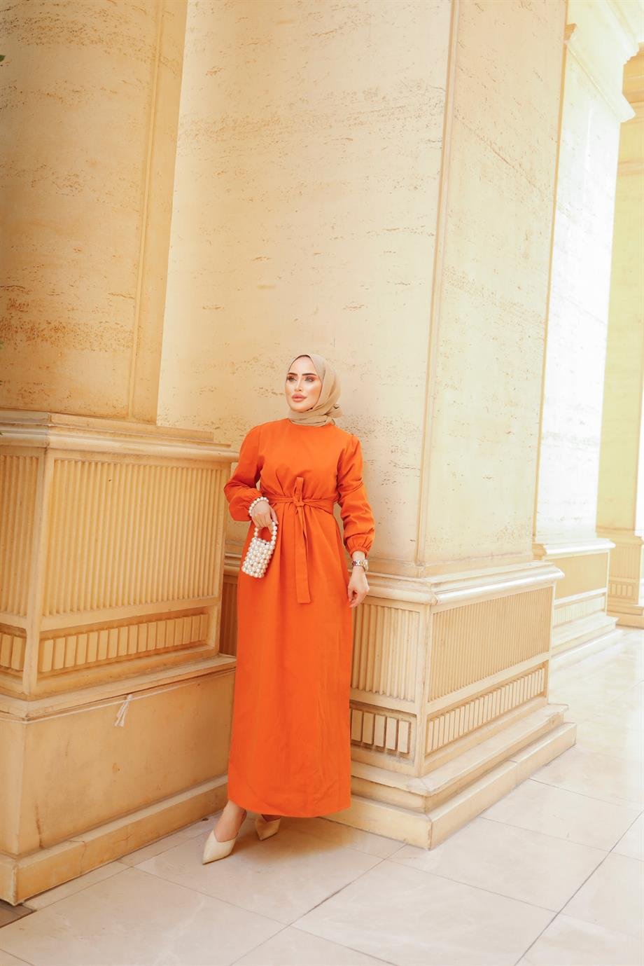 Kemer Detaylı Tesettür Turuncu Elbise