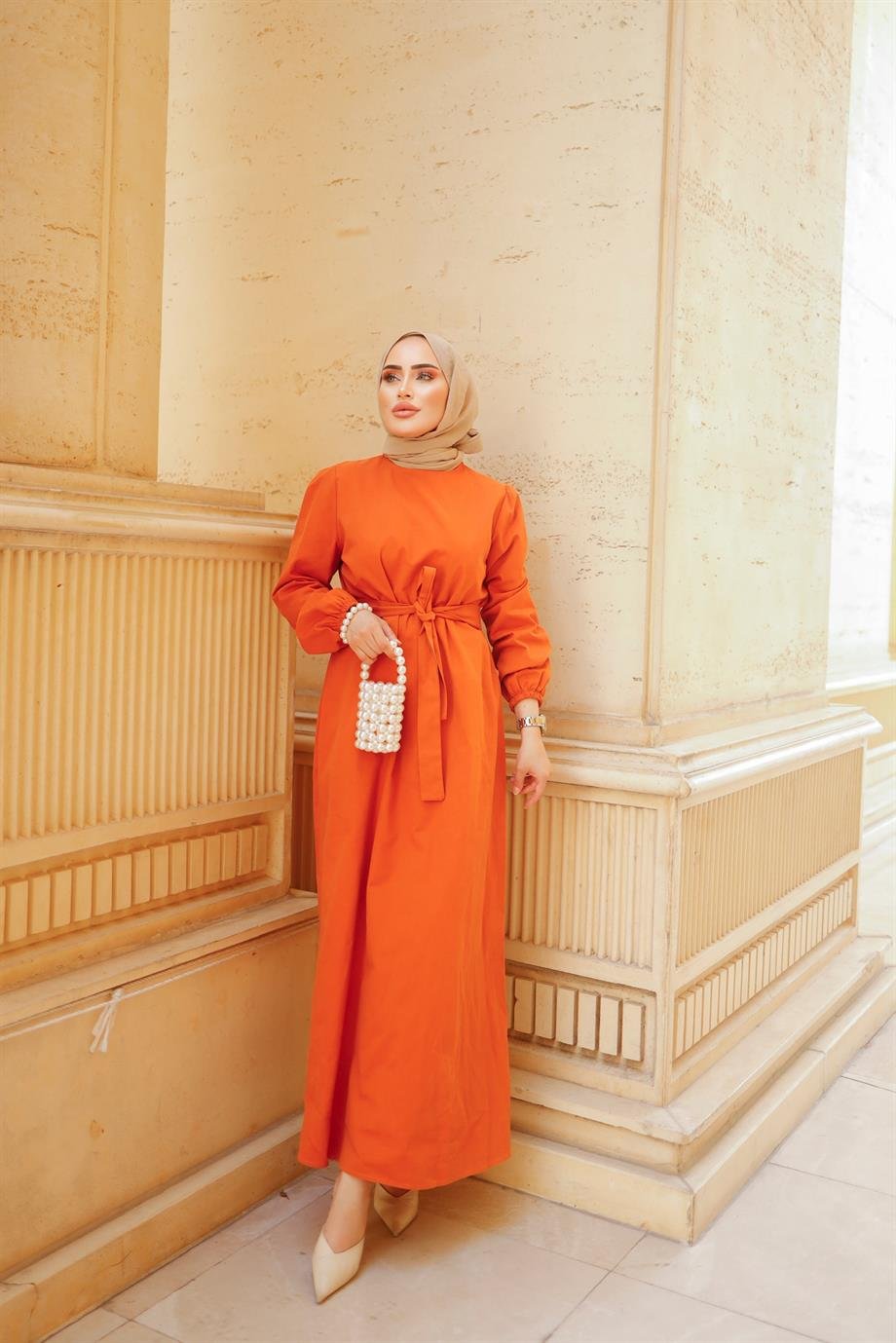 Kemer Detaylı Tesettür Turuncu Elbise